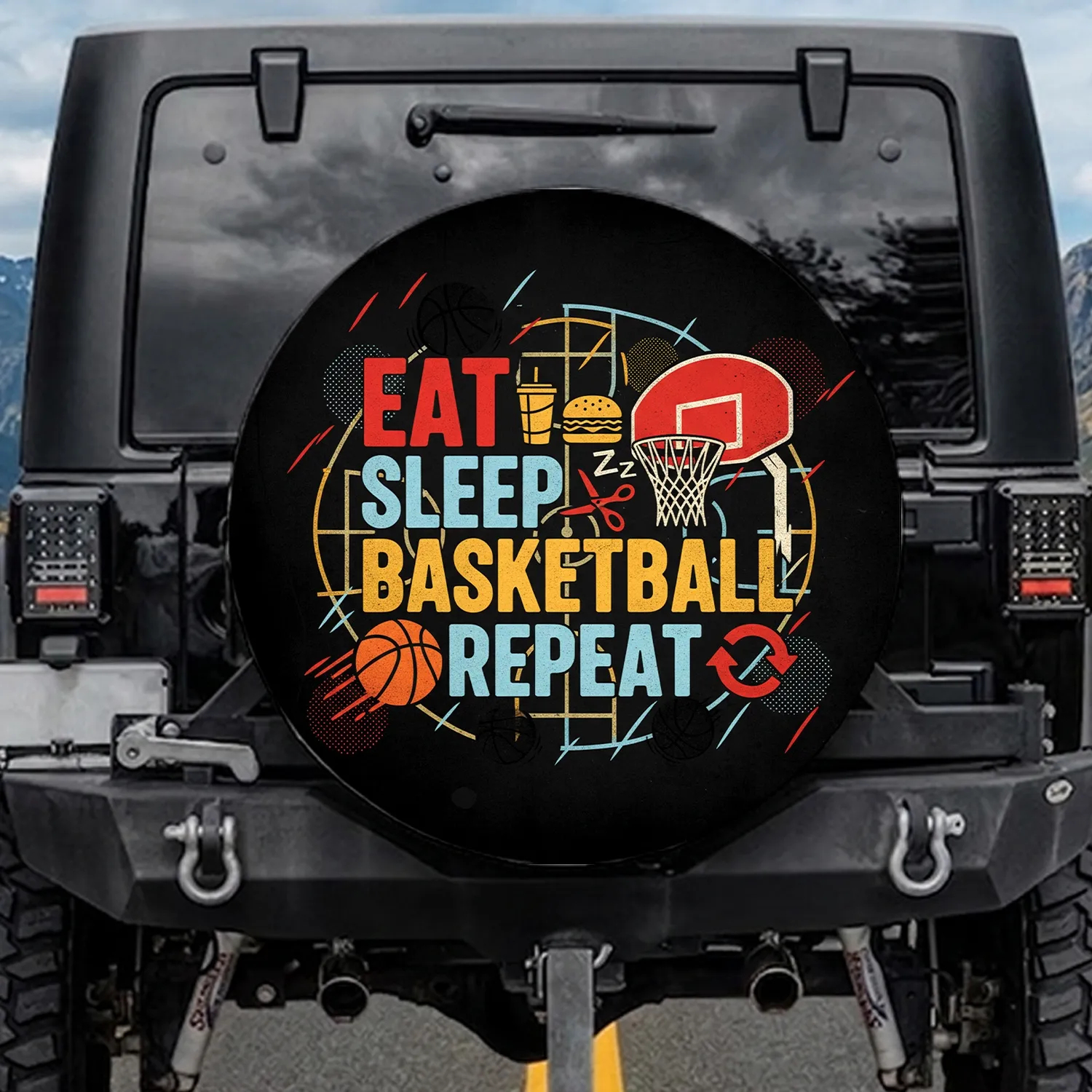 Distressed Eat Sleep Basketball Repeat Quote Basketball Hoop - Basketball Fan Gift Spare Tire Cover - 1