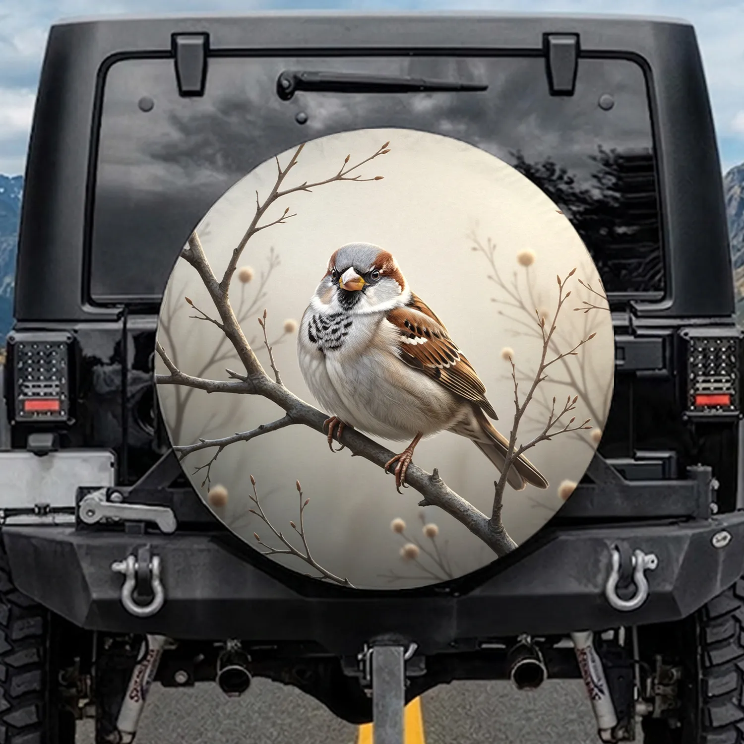 House Sparrow Yellow Beak Perched Bare Branch - Wildlife Lover Gift Spare Tire Cover - 1