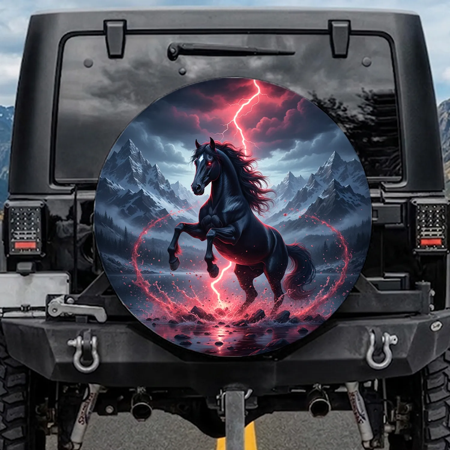Black Horse Lightning Mountain Storm - Outdoor Adventure Gift Spare Tire Cover - 1