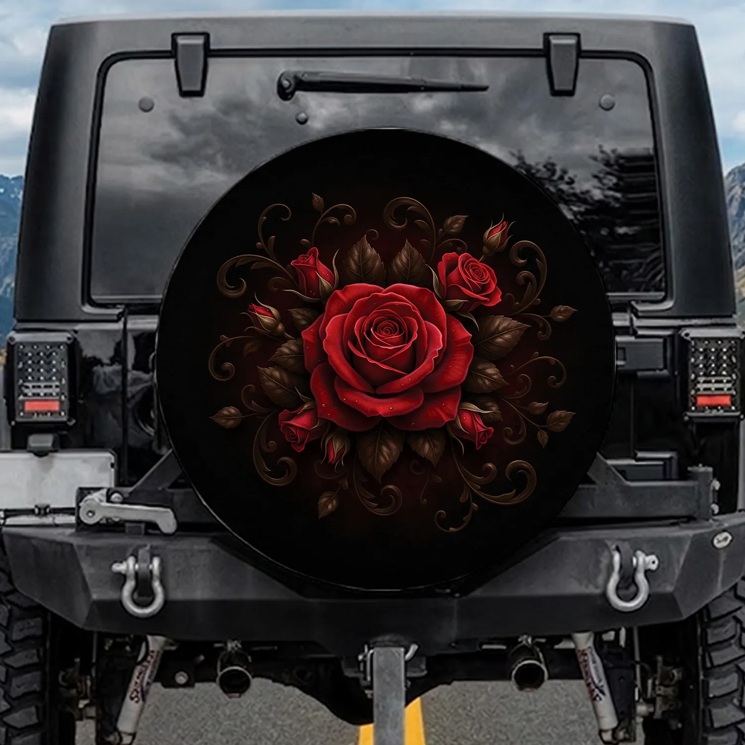 Red Rose Bloom & Rosebuds Bronze Foliage Black Background Spare Tire Cover - 1