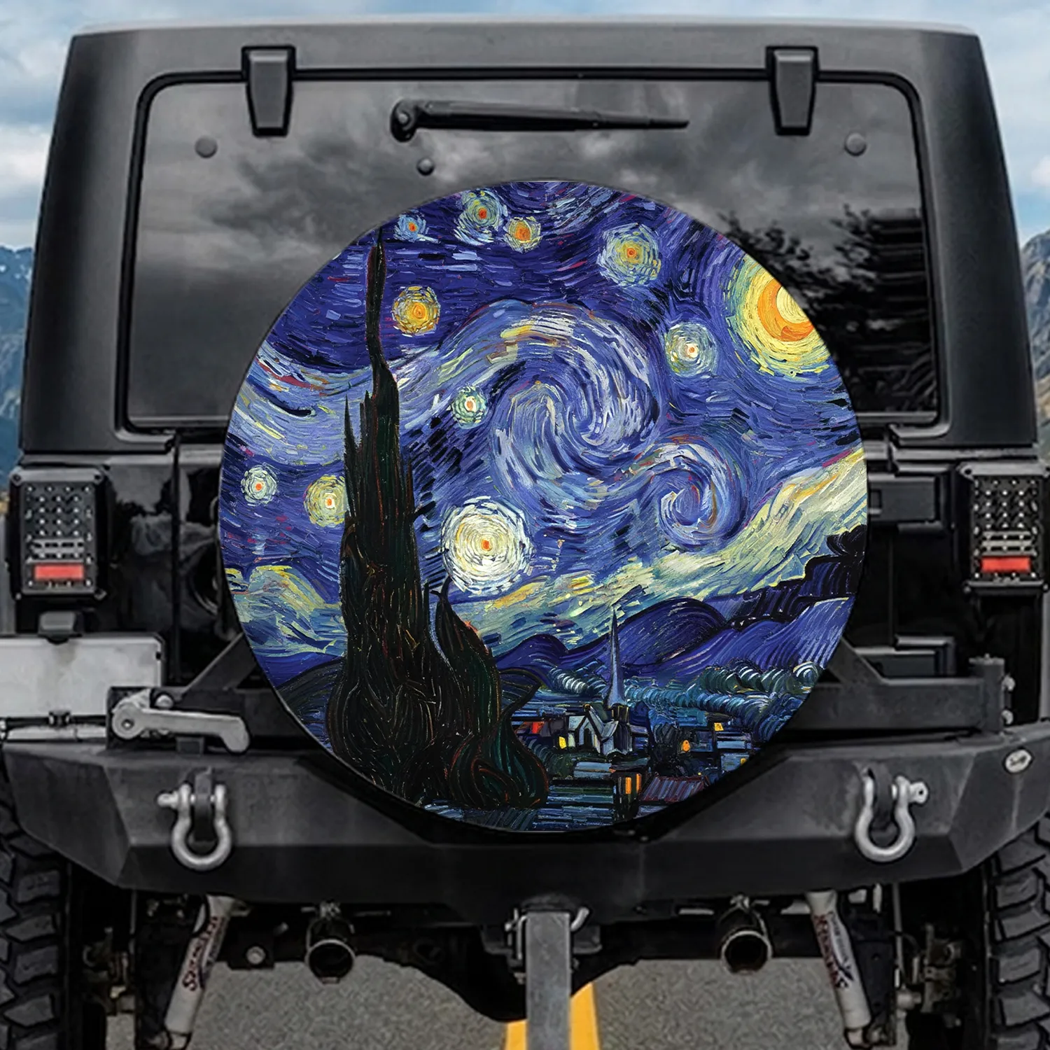 Flame Cypress Tree Village Skyline Glowing Stars Luminous Swirling Sky - Travel Essentials Spare Tire Cover - 1