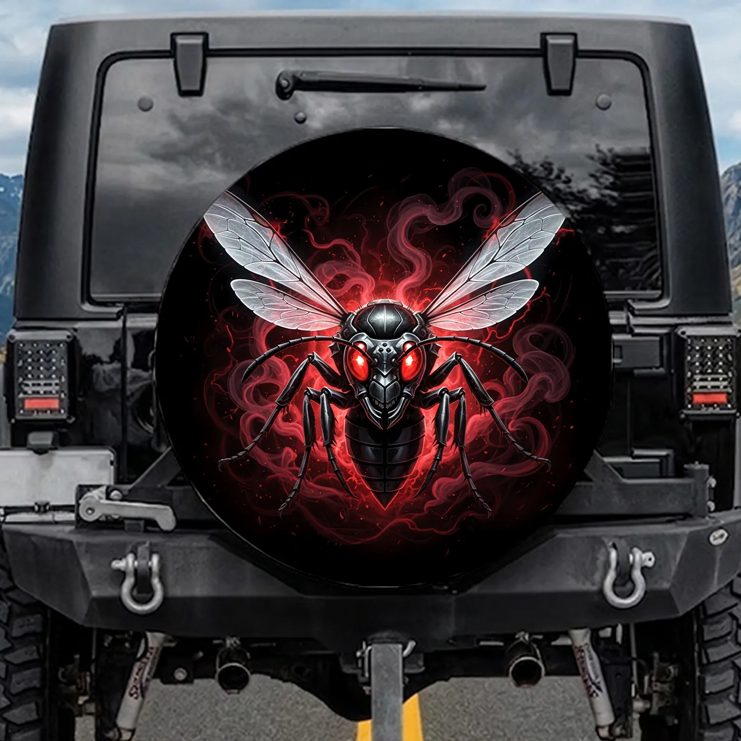 Aggressive Mechanical Wasp Red Eyes Crimson Smoke - Outdoor Adventure Gift Spare Tire Cover - 1