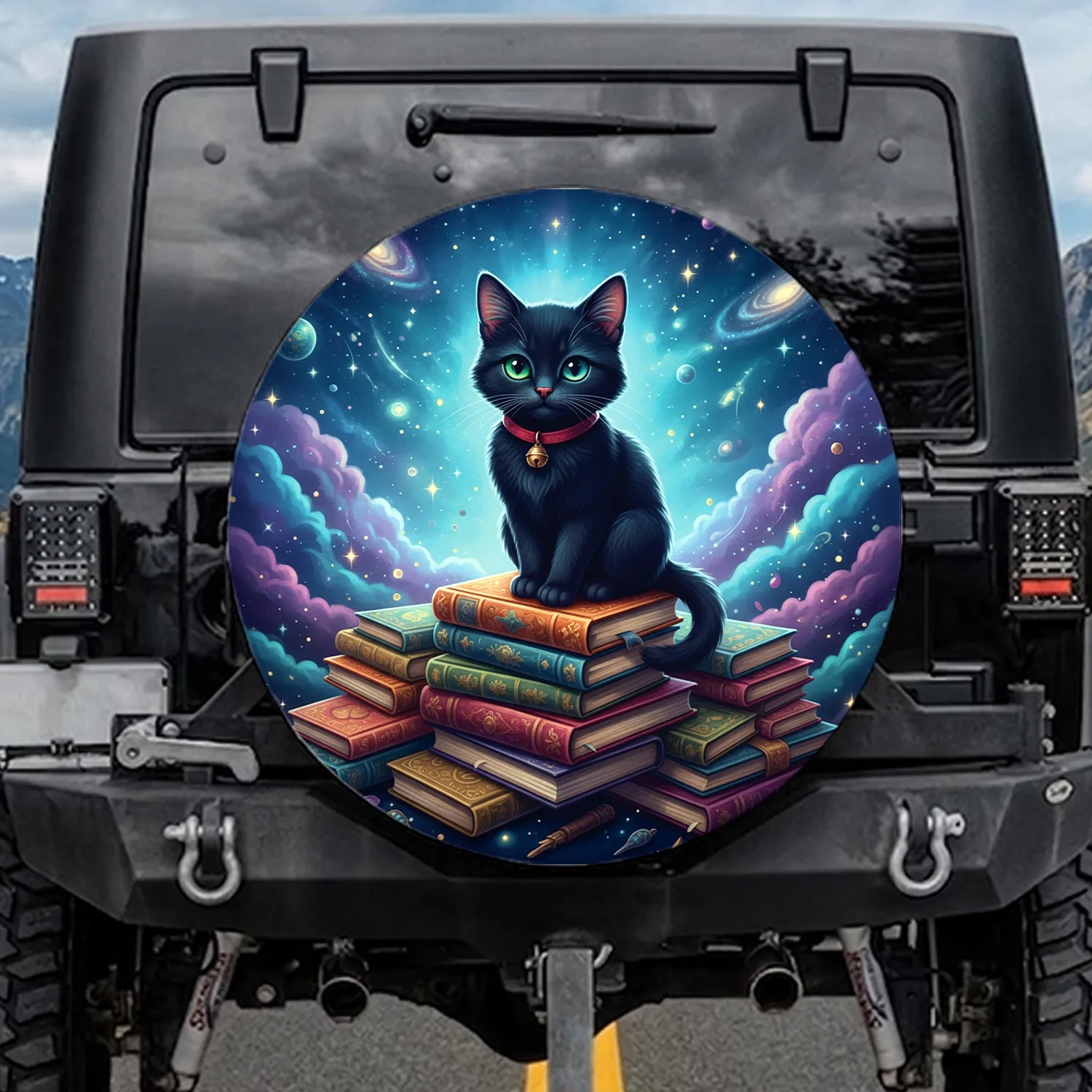 Black Cat Vintage Books Cosmic Galaxy - Fantasy Lover Gift for Bookworms Spare Tire Cover - 1