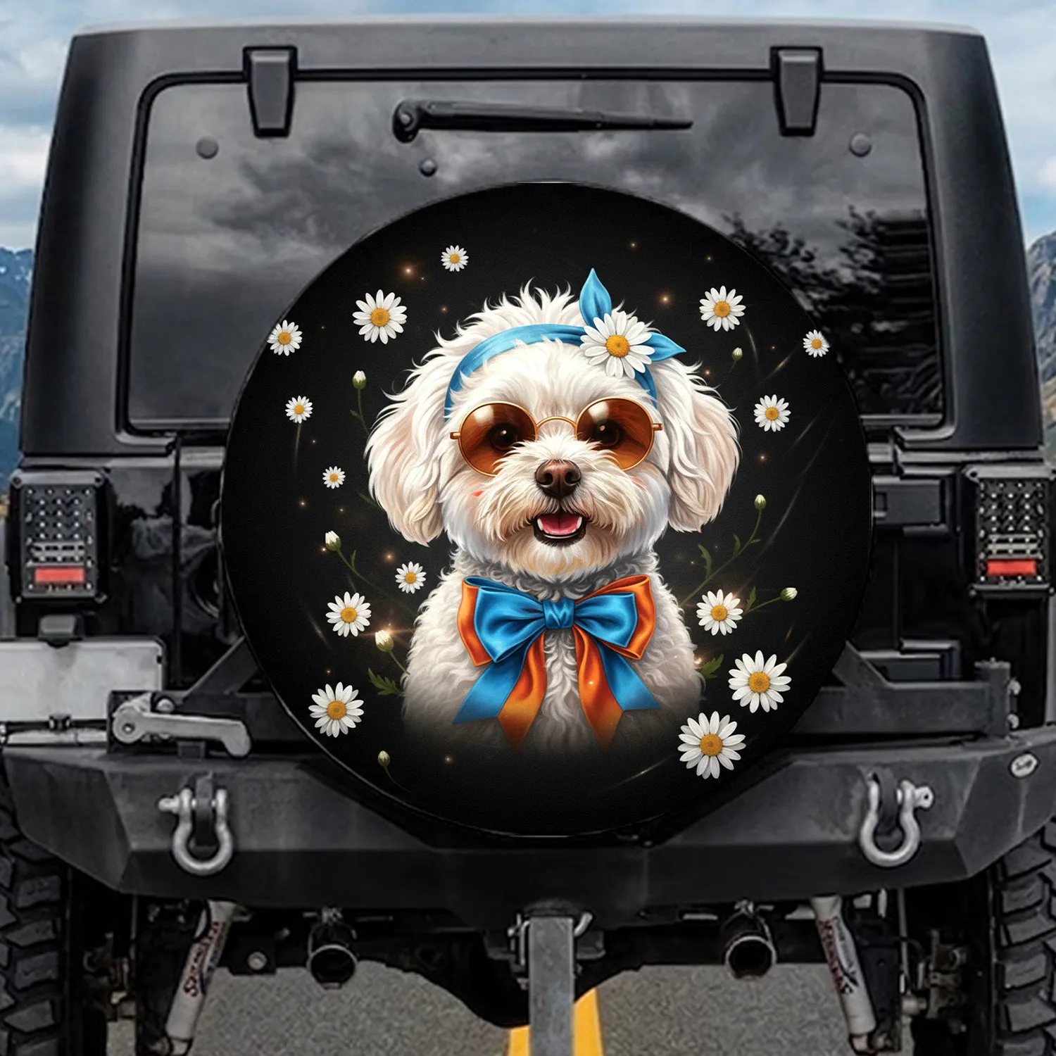 Fluffy White Dog Sunglasses Blue Daisies - Everyday Pet Lover Gift Spare Tire Cover - 1