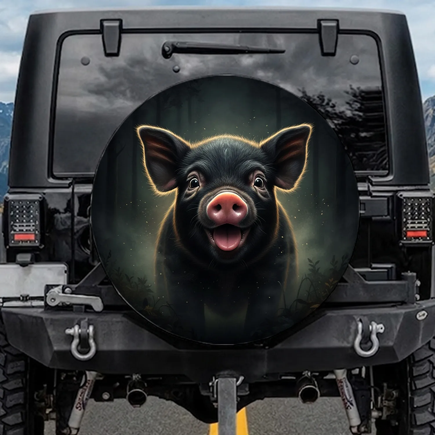 Excited Black Piglet Face Pink Tongue Snout Dark Forest Night - Pig Lover Farmhouse Gift Spare Tire Cover - 1