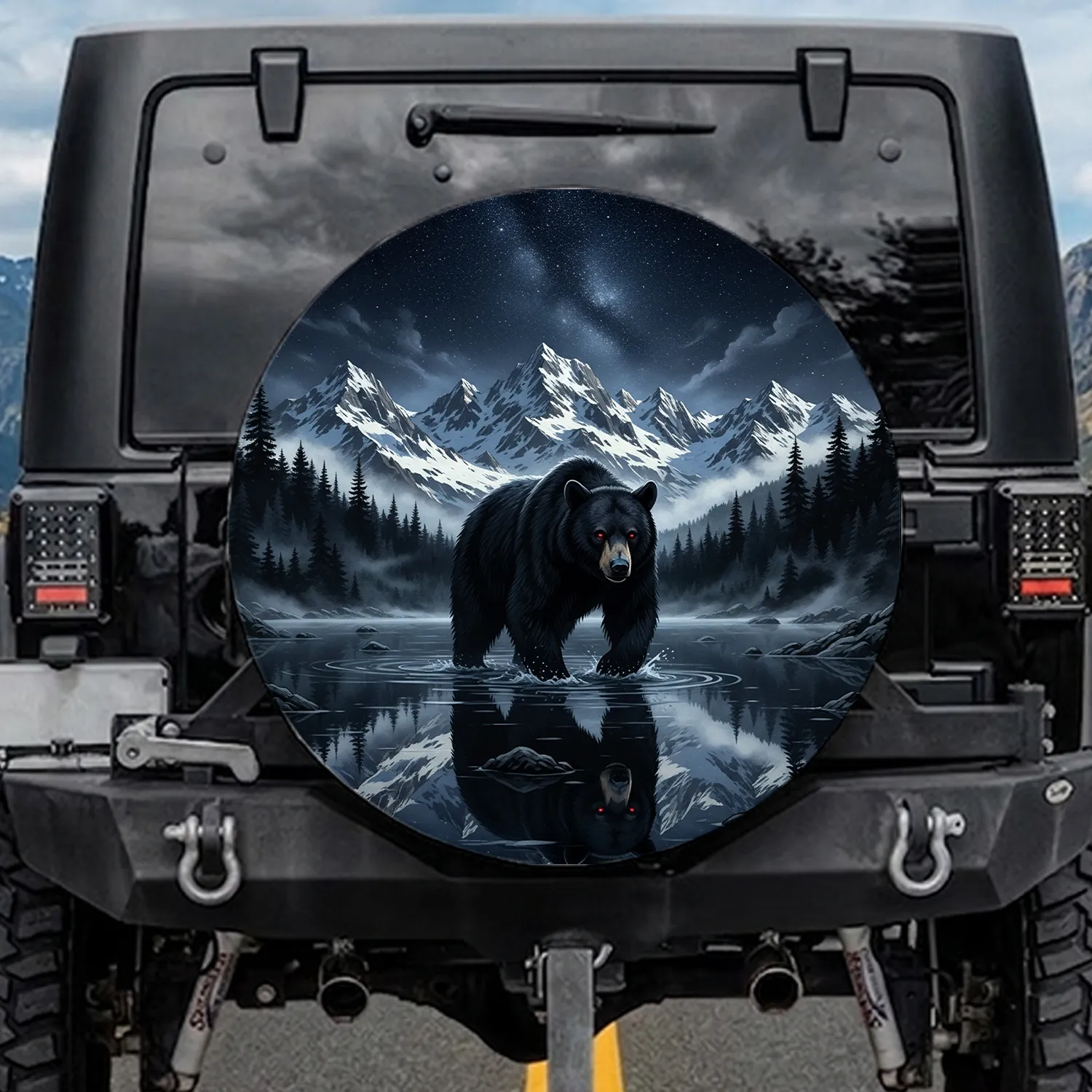 Black Bear Crimson Eyes Mountain Wilderness Starry Night - Wildlife Gift Spare Tire Cover - 1