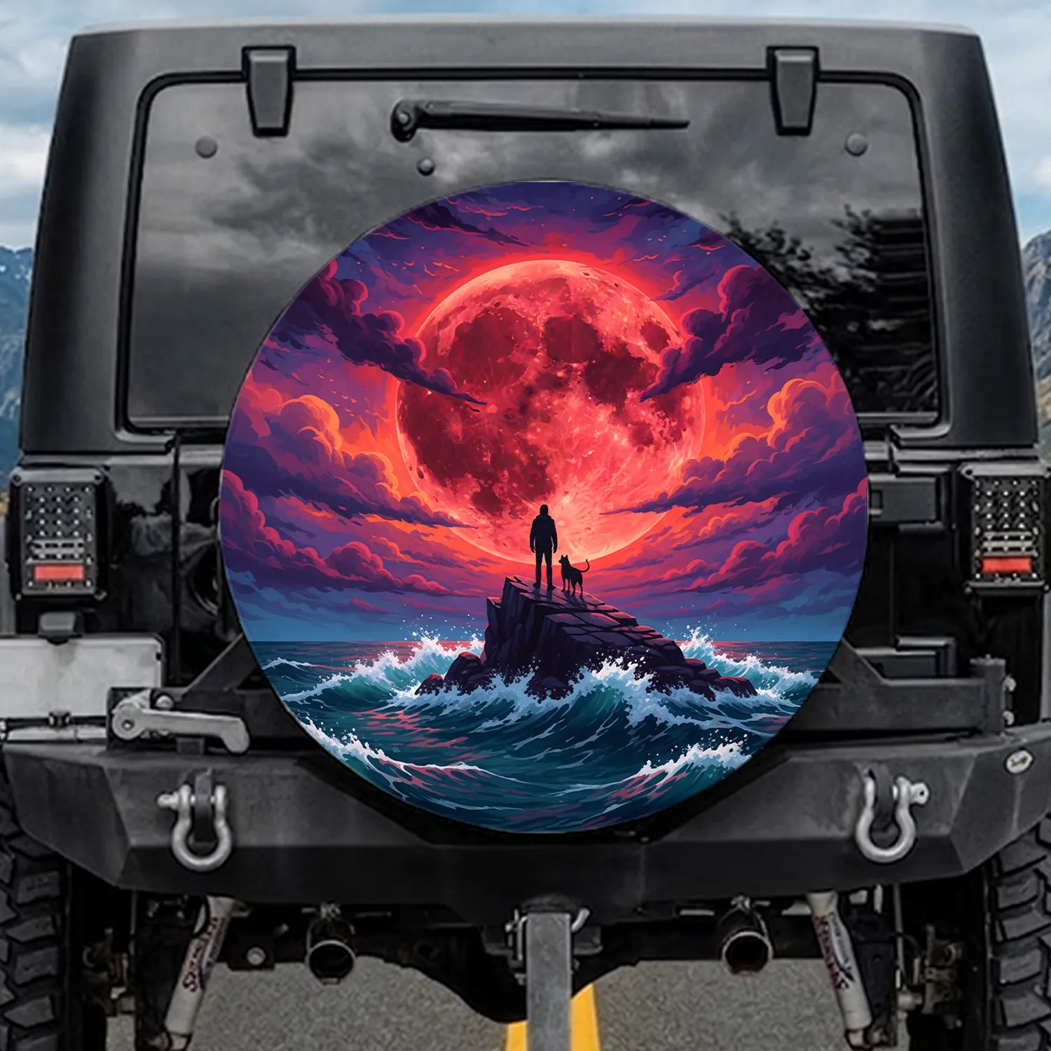 Blood Moon Human Dog Silhouettes Stormy Ocean - Adventure Lover Gift Spare Tire Cover - 1