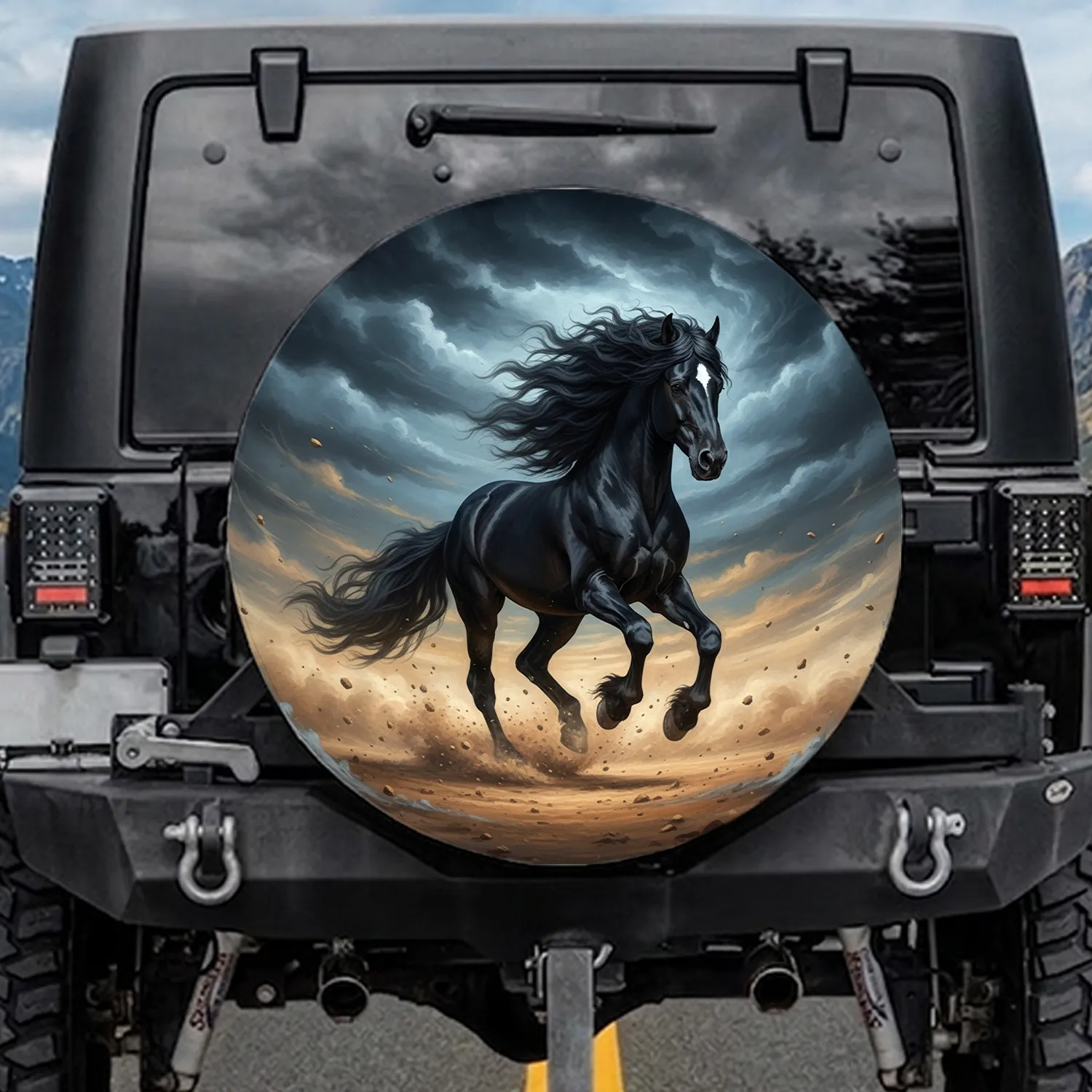 Dynamic Black Friesian Horse Galloping Stormy Sky - Equestrian Gift Spare Tire Cover - 1