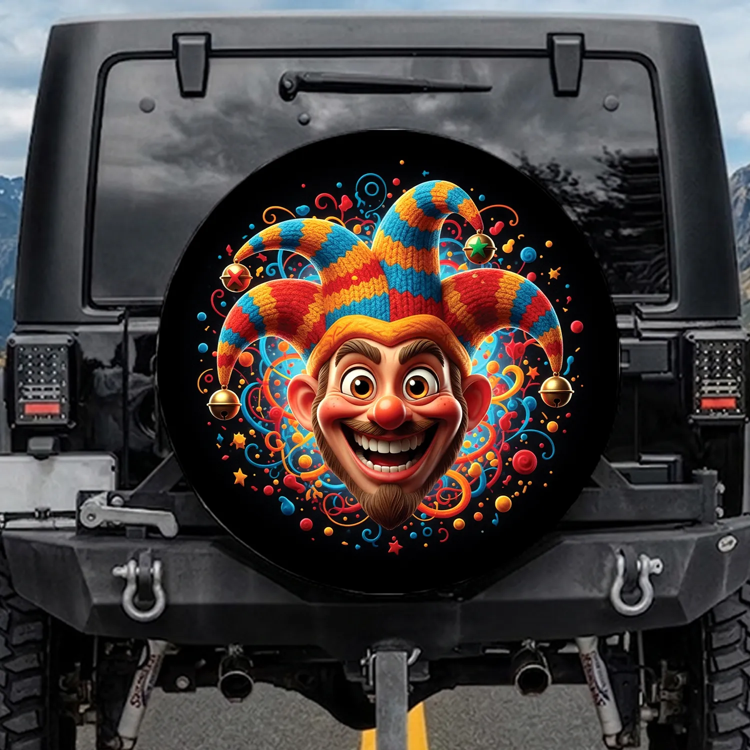 Bells Stripes Jester Hat Character Head - Everyday Car Accessory Spare Tire Cover - 1