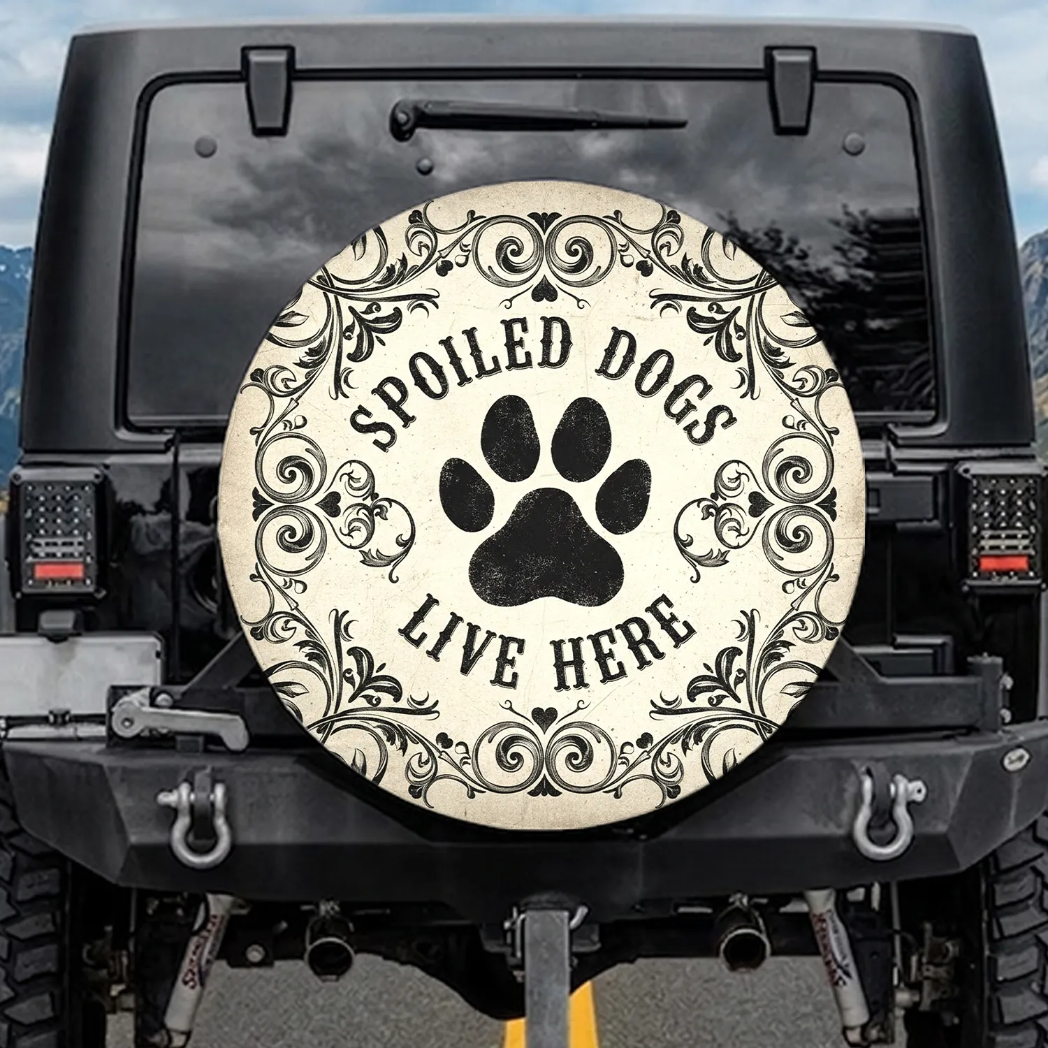 Distressed Paw Print Spoiled Dogs Live Here Sign - Dog Lover Car Decor Gift Spare Tire Cover - 1