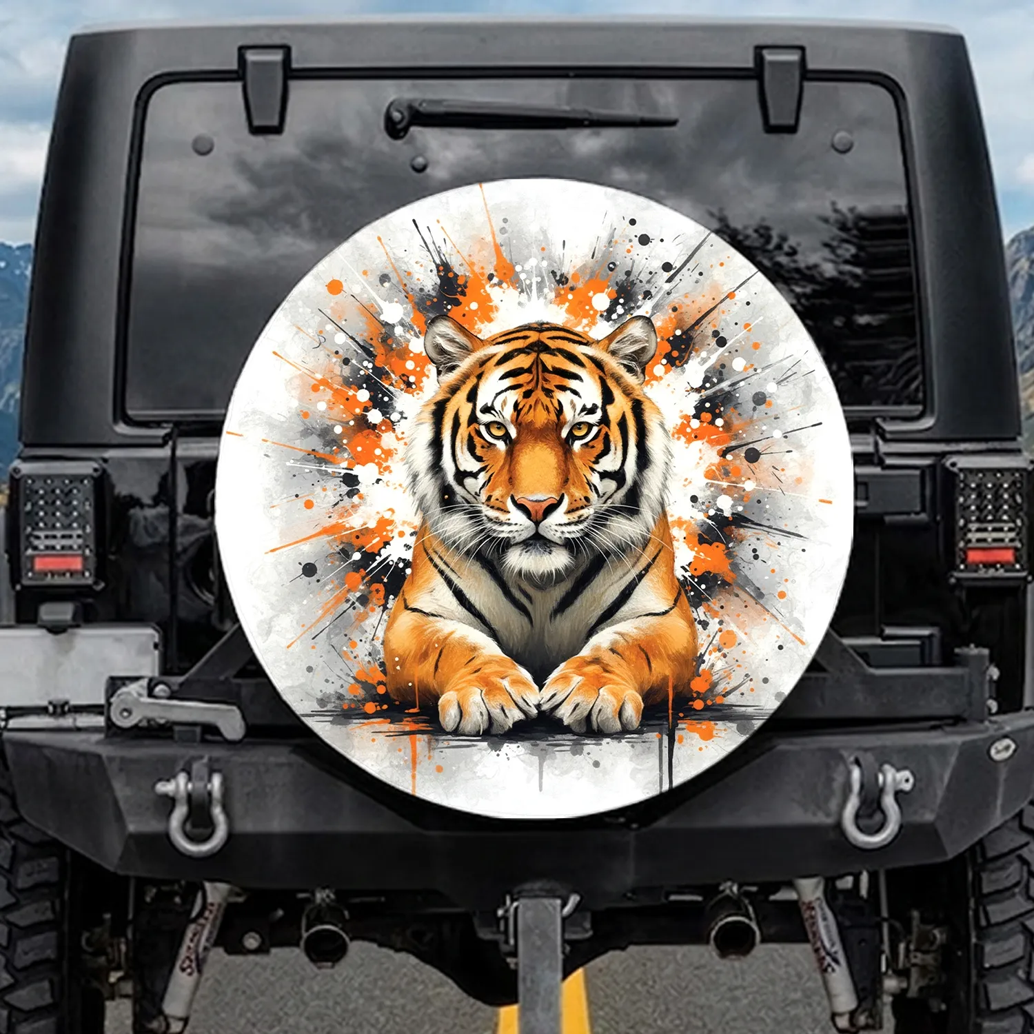 Majestic Powerful Tiger Bust Orange Black Ink Splatters - Wildlife Lover Gift Spare Tire Cover - 1