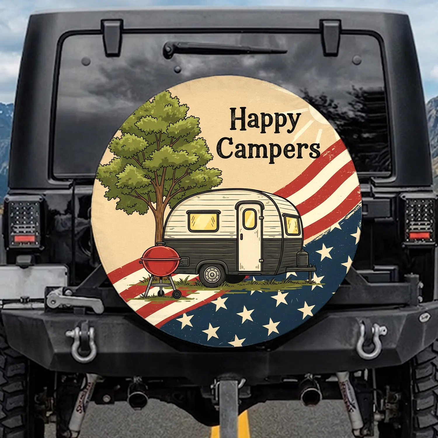 Vintage Teardrop Camper Happy Campers American Flag - Road Trip Essential Gift Spare Tire Cover - 1
