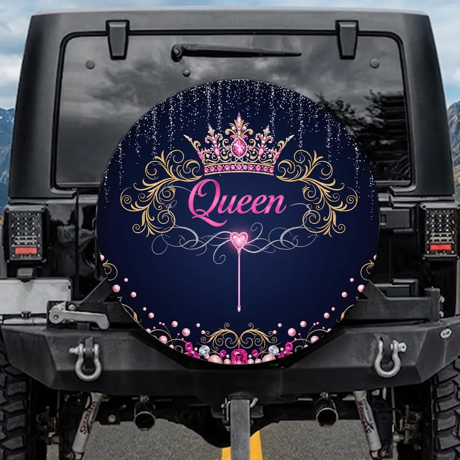 Queen Pink Gold Crown Wand Heart Gemstones - Regal Lifestyle Gift Spare Tire Cover - 1