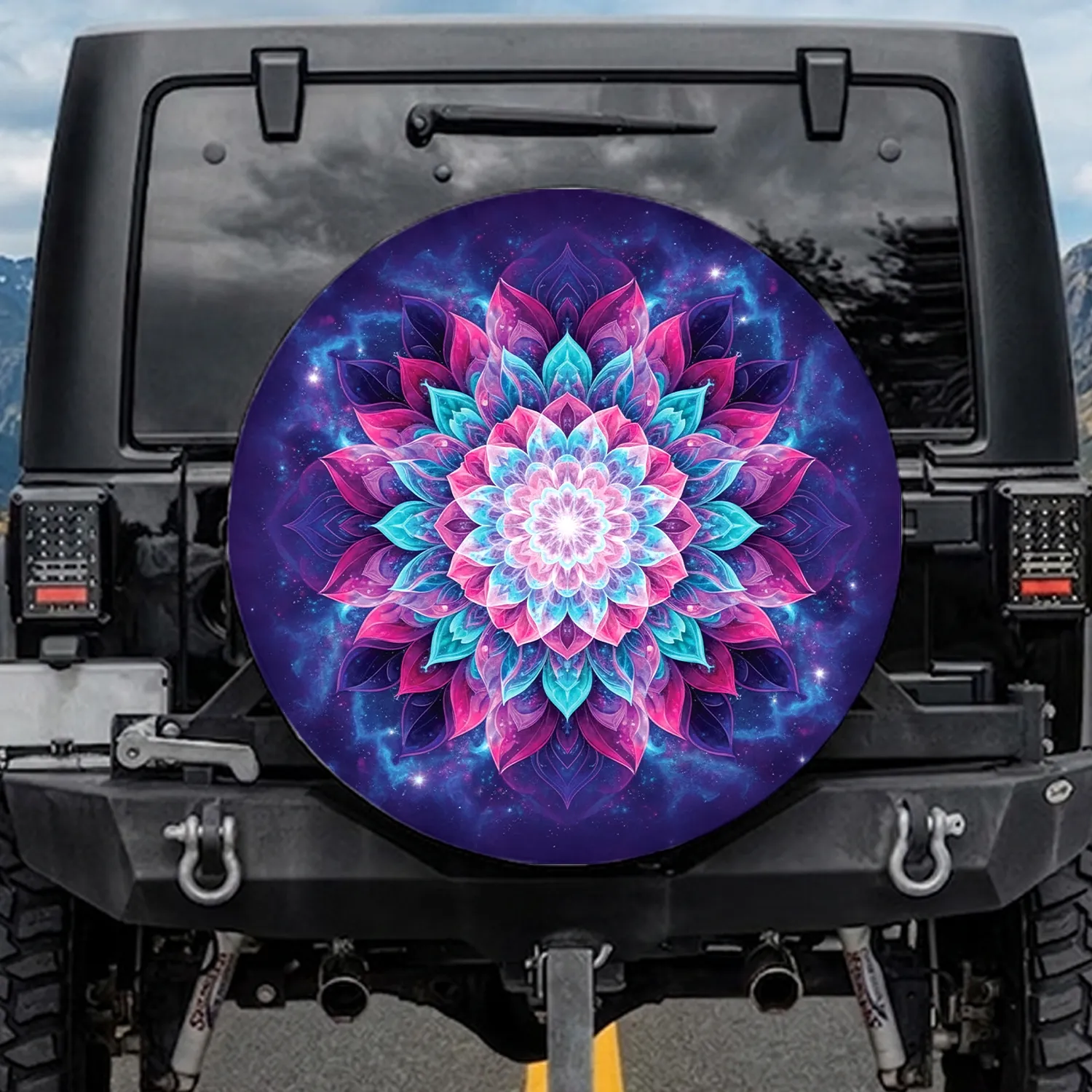 Radiant Cosmic Mandala Flower Glowing Nebulae Stars - Cosmic Car Decor Gift Spare Tire Cover - 1