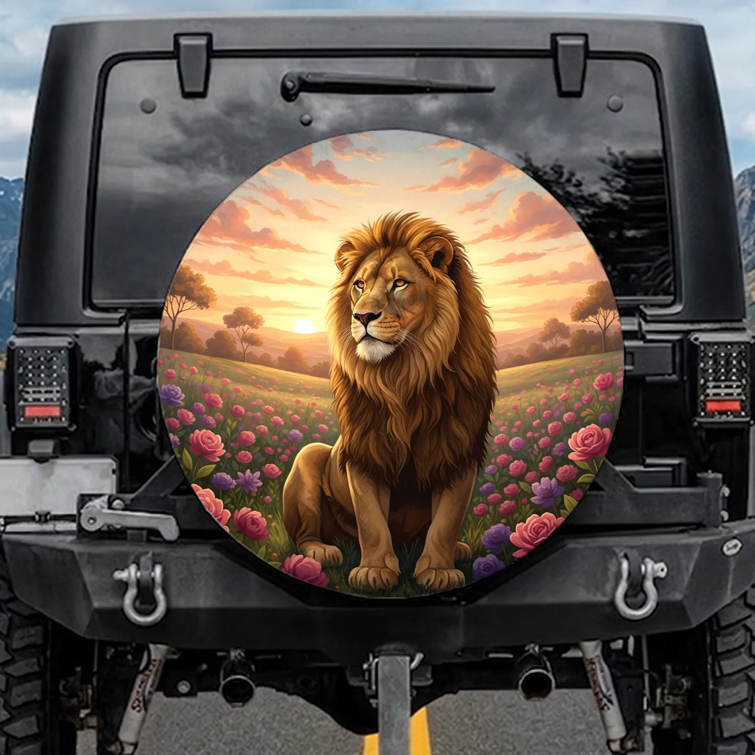 Majestic Golden-Mane Lion Wildflower Meadow Sunset - Wildlife Lover Gift Spare Tire Cover - 1