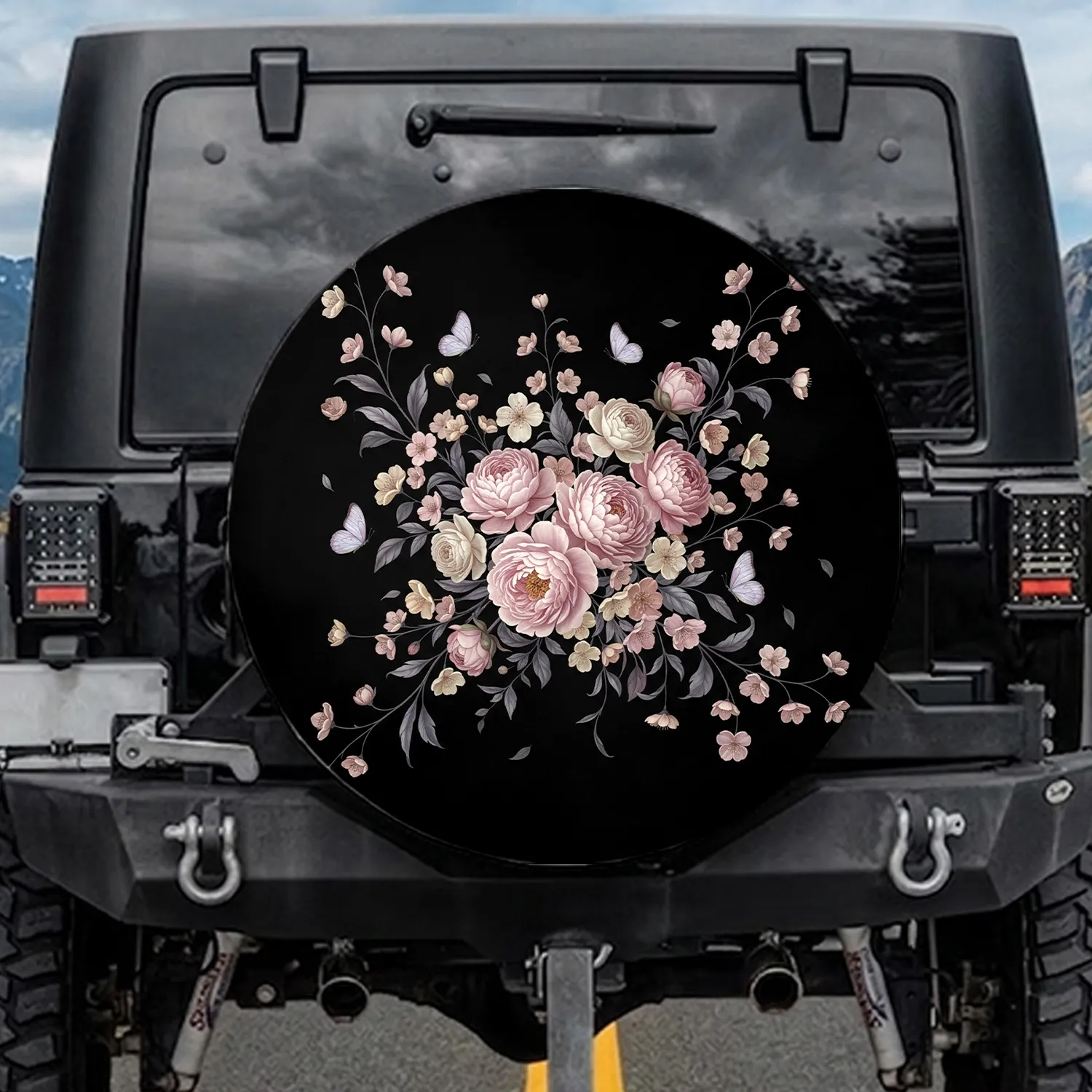 Black Background Blush Pink Peonies Cherry Blossoms Lavender Butterflies - Car Decor Gift Spare Tire Cover - 1