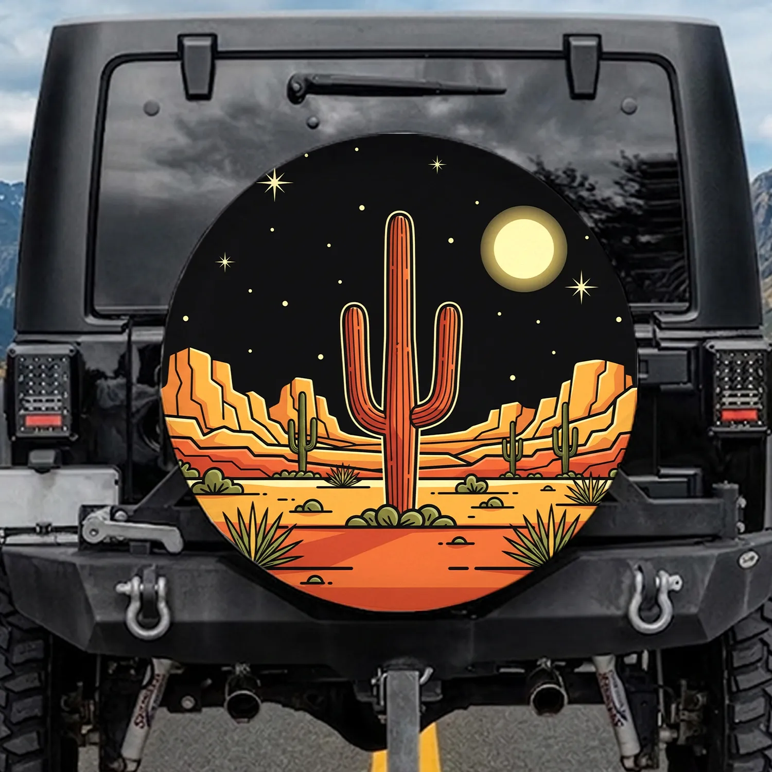 Saguaro Cactus Desert Rock Formations Moon Night Sky - Outdoor Adventure Travel Gift Spare Tire Cover - 1