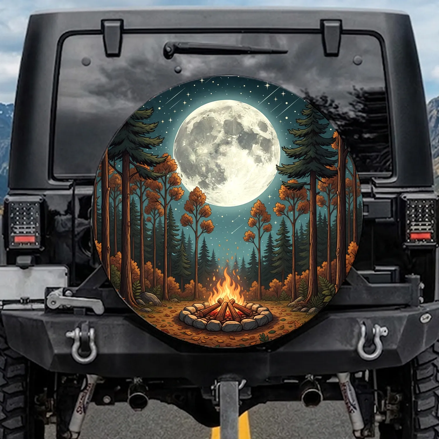 Luminous Full Moon Campfire Wilderness Autumn Starry Sky - Camping Enthusiast Gift Spare Tire Cover - 1
