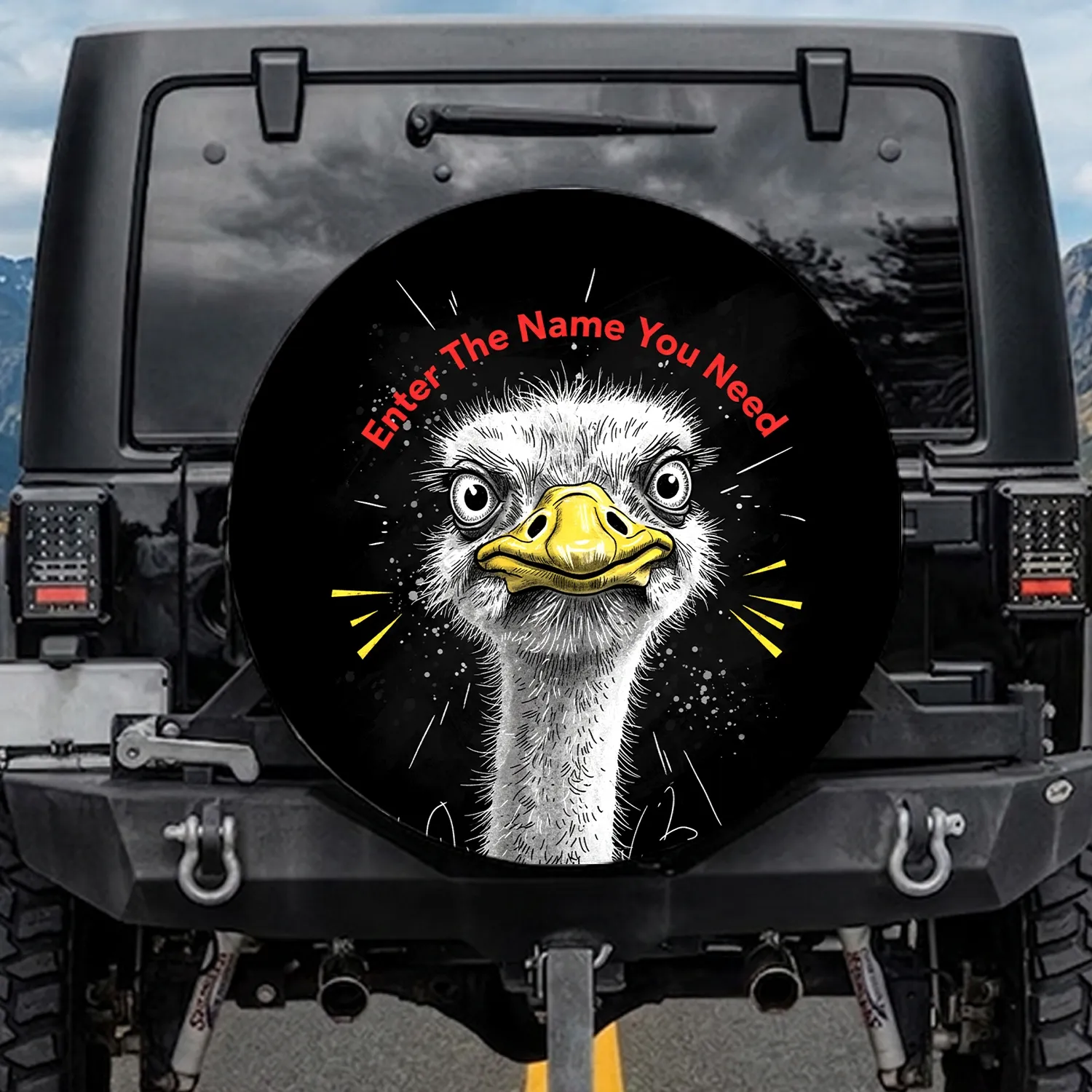 Comically Startled Ostrich Emu Head Enter The Name You Need - Humorous Gift Spare Tire Cover - 1