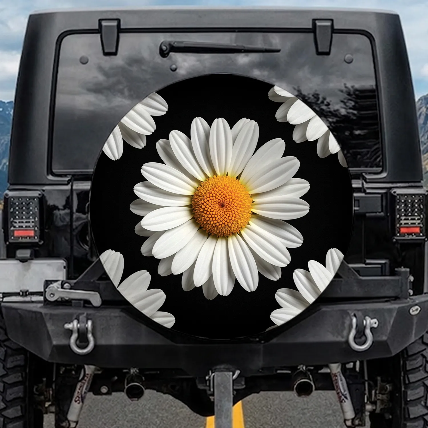 Large White Daisy Yellow Orange Center Deep Black Floral - Mother's Day Gift for Mom Spare Tire Cover - 1