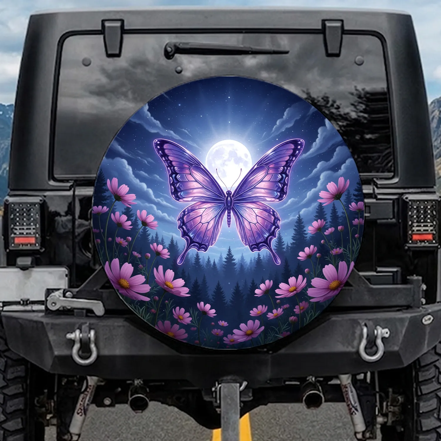Iridescent Purple Butterfly Cosmos Flowers Luminous Full Moon Forest - Wildlife Lover Gift Spare Tire Cover - 1