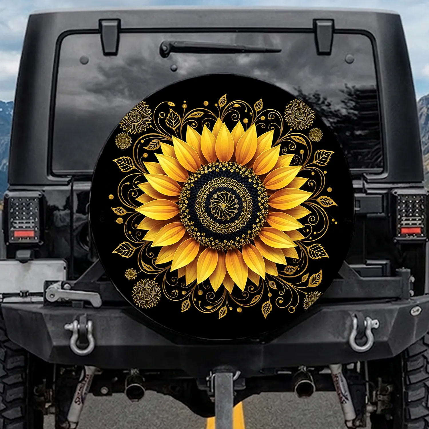 Golden Yellow Sunflower Indigo Black Seed Filigree Vines - Everyday Vehicle Decor Gift Spare Tire Cover - 1