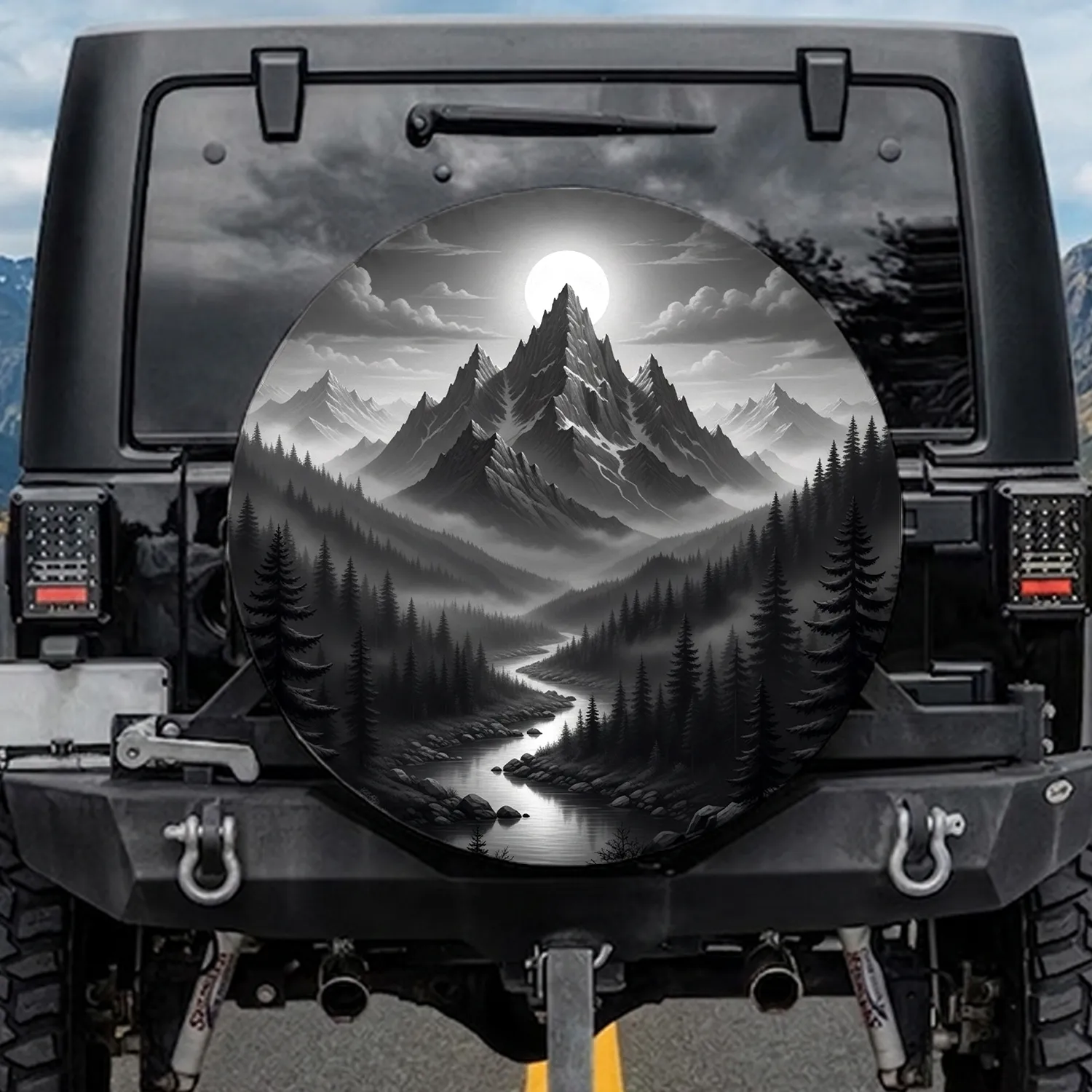Grayscale Mountain Peaks River Forest Full Moon - Wilderness Outdoor Nature Lover Gift Spare Tire Cover - 1