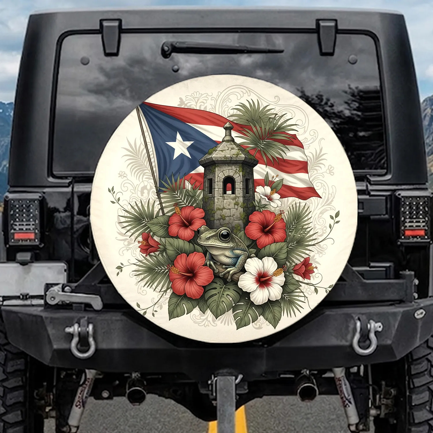 Puerto Rican Flag Coqui Frog Garita Hibiscus - Travel Adventure Gift Spare Tire Cover - 1