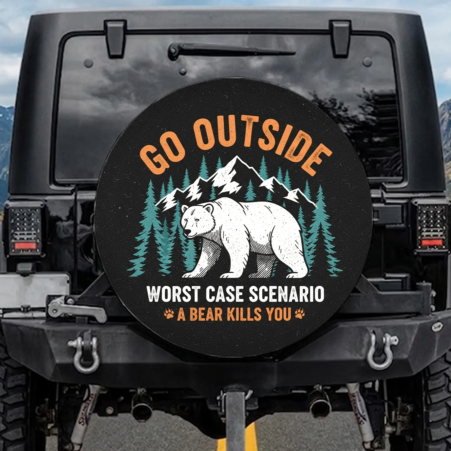 White Bear Mountain Go Outside Worst Case Scenario - Wildlife Lover Outdoor Gift Spare Tire Cover - 1