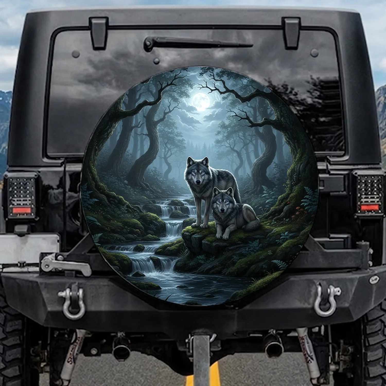 Majestic Grey Wolves Nocturnal Forest Waterfalls - Wildlife Nature Lover Gift Spare Tire Cover - 1