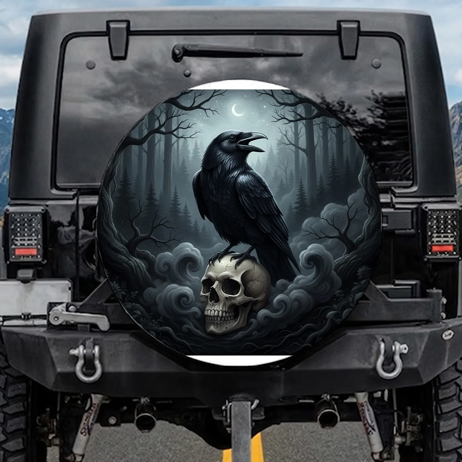 Black Raven Skull Misty Forest Scene - Dark Fantasy Outdoor Decor Gift Spare Tire Cover - 1