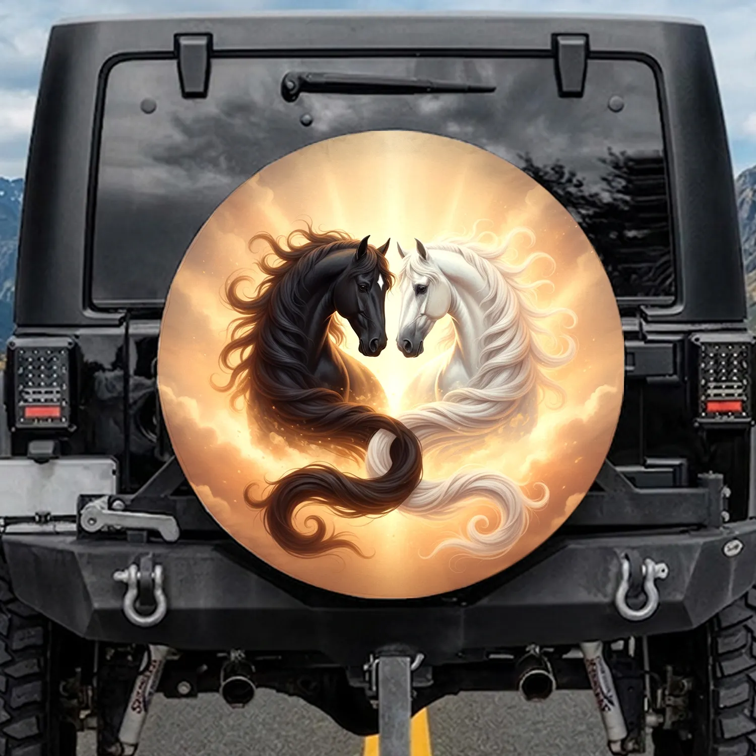 Interlocked Black White Horses Flowing Manes & Tails Golden Amber Glow - Equestrian Lover Gift Spare Tire Cover - 1