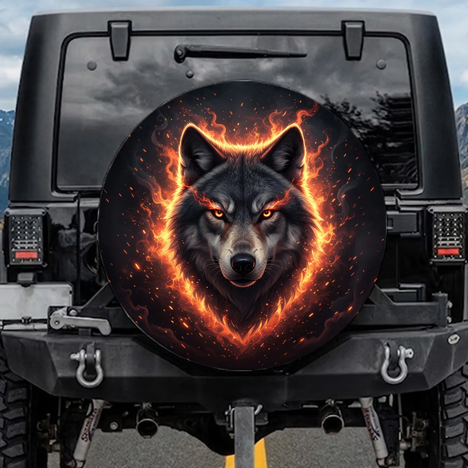 Mystical Wolf Head Fiery Embers - Fantasy Lover Gift Spare Tire Cover - 1