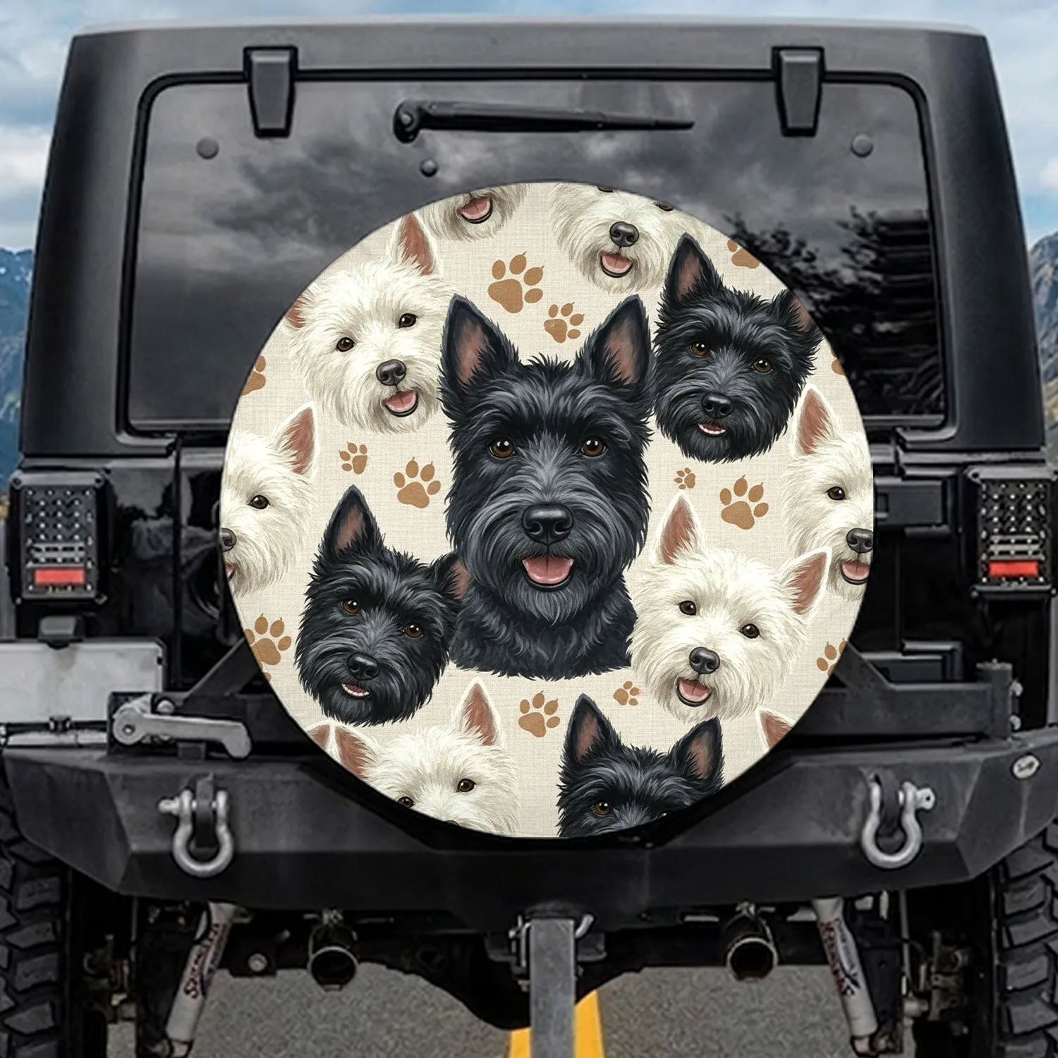 Black Scottish Terrier West Highland White Terrier Dog Heads Paw Prints - Dog Lover Everyday Travel Gift Spare Tire Cover - 1