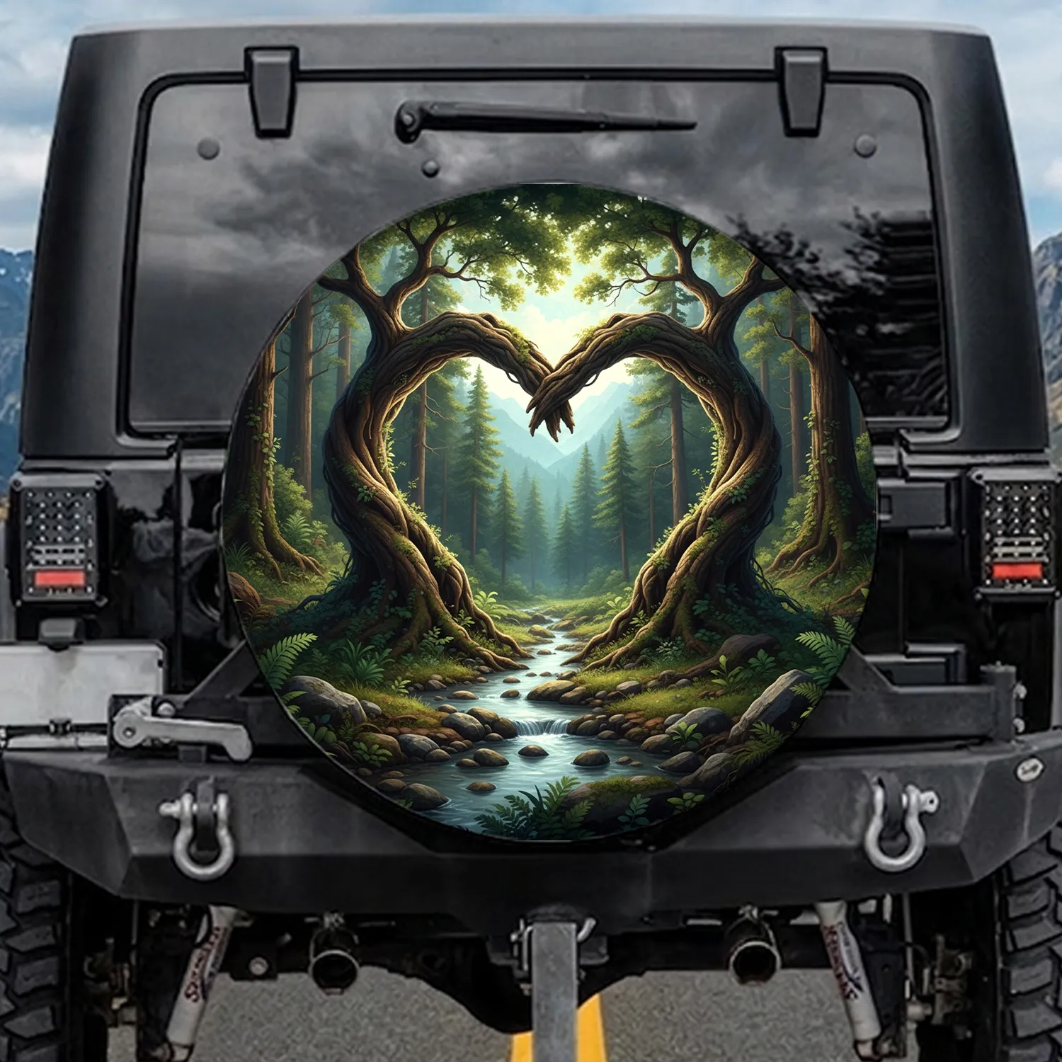 Gnarled Trees Heart Archway River Stream Forest Mountains - Outdoor Explorer Gift Spare Tire Cover - 1