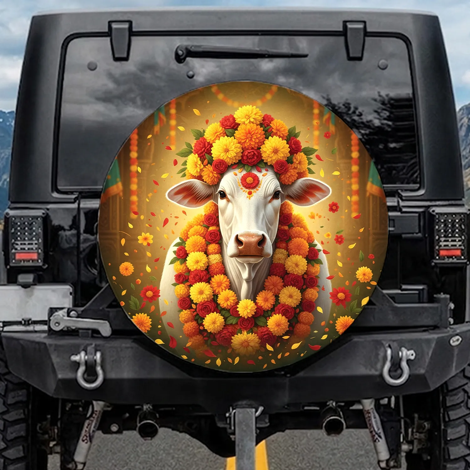 White Zebu Cow Marigold Floral Crown Garlands - Indian Festival Gift for Cow Lover Spare Tire Cover - 1