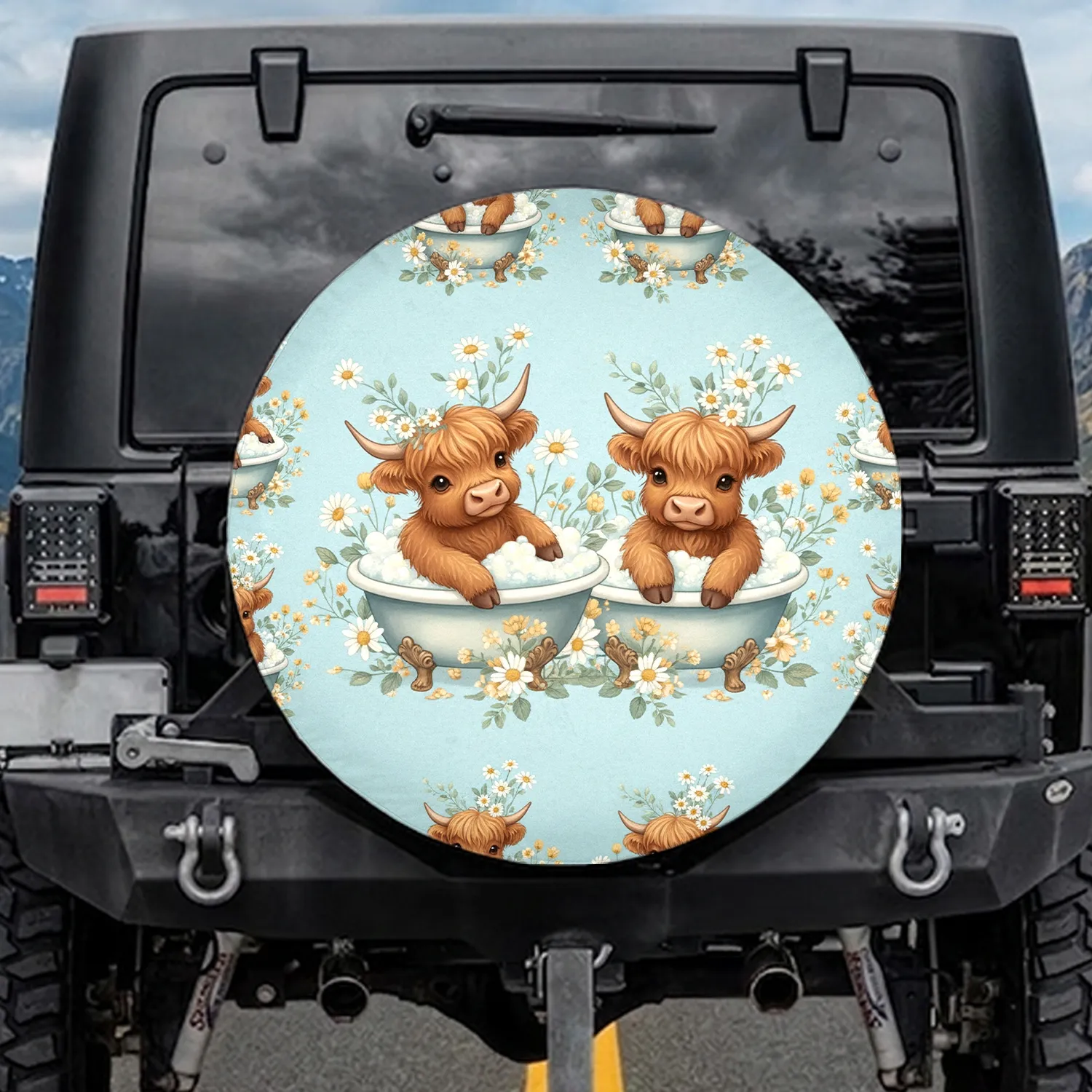 Highland Calves Bathtub Wildflower - Farmhouse Decor Cow Lover Gift Spare Tire Cover - 1
