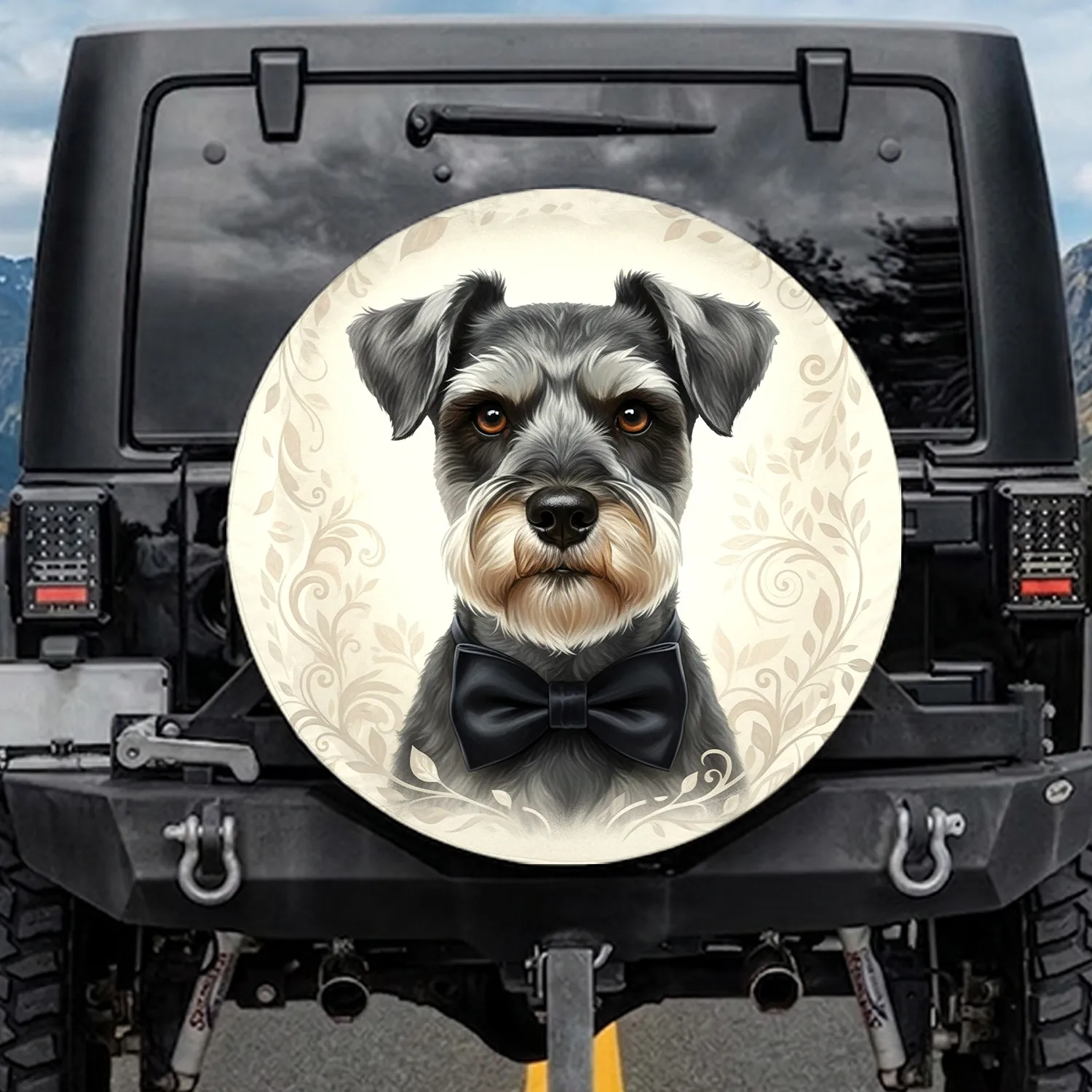 Distinguished Miniature Schnauzer Salt-and-Pepper Fur Black Bow Tie - Dog Lover Gift Spare Tire Cover - 1