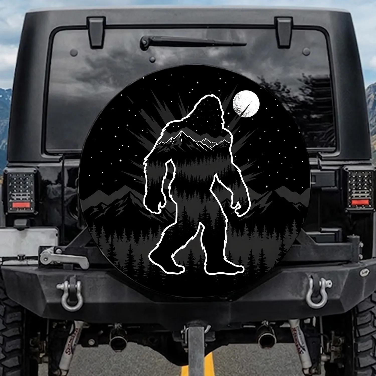 Bigfoot Mountain Forest Starry Night - Outdoor Adventure Gift for Bigfoot Lover Spare Tire Cover - 1