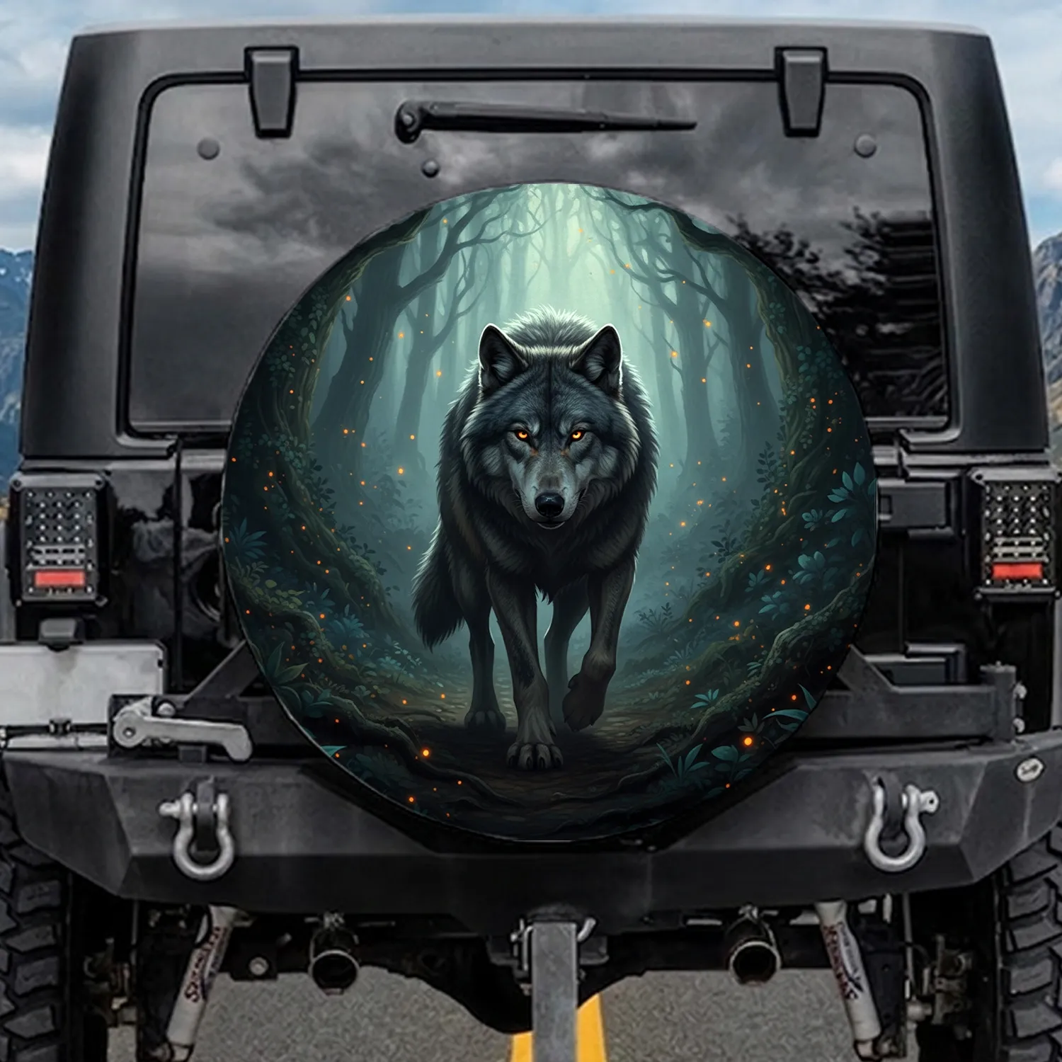 Dark Gray Wolf Forest Path - Wildlife Lover Gift Spare Tire Cover - 1