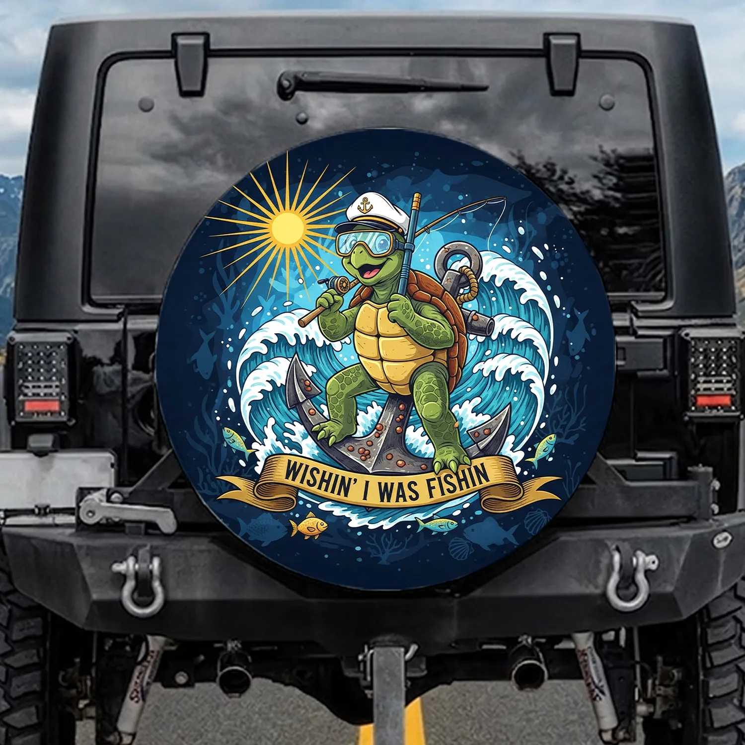 Sea Turtle Anchor Fishing 'WISHIN' I WAS FISHIN' - Fishing Enthusiast Gift for Fisherman Spare Tire Cover - 1
