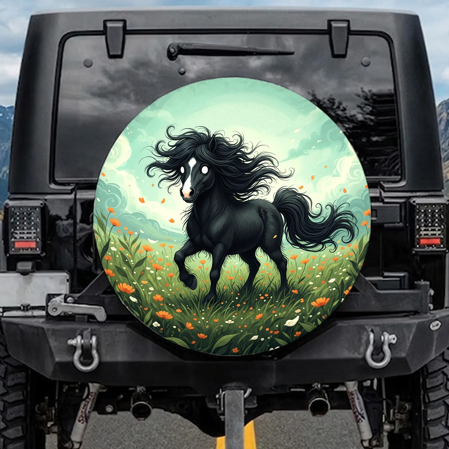 Shaggy Black Pony Wild Mane Flowing Tail Green Grass Orange Wildflowers - Wildlife Lover Gift Spare Tire Cover - 1
