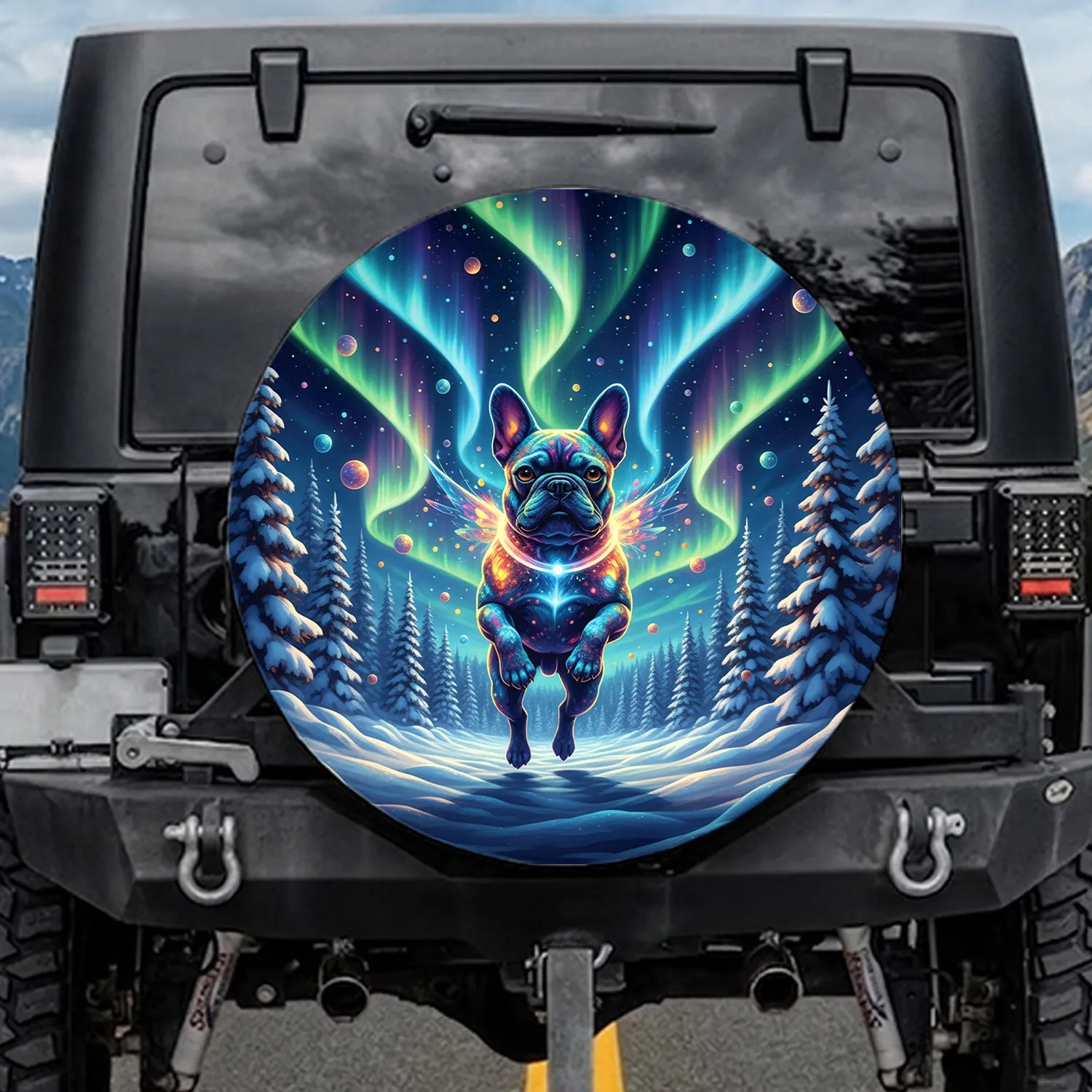 French Bulldog Aurora Winter Forest - Magical Dog Lover Adventure Gift Spare Tire Cover - 1