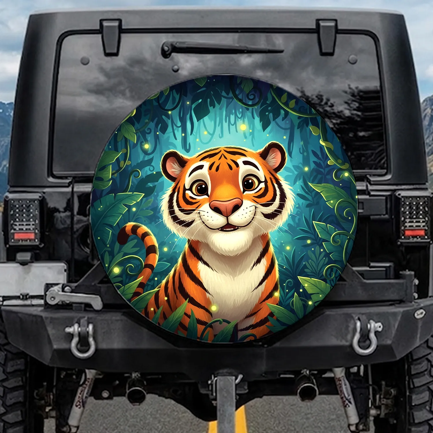 Vibrant Orange Tiger Lush Jungle Night with Fireflies - Wildlife Lover Gift Spare Tire Cover - 1