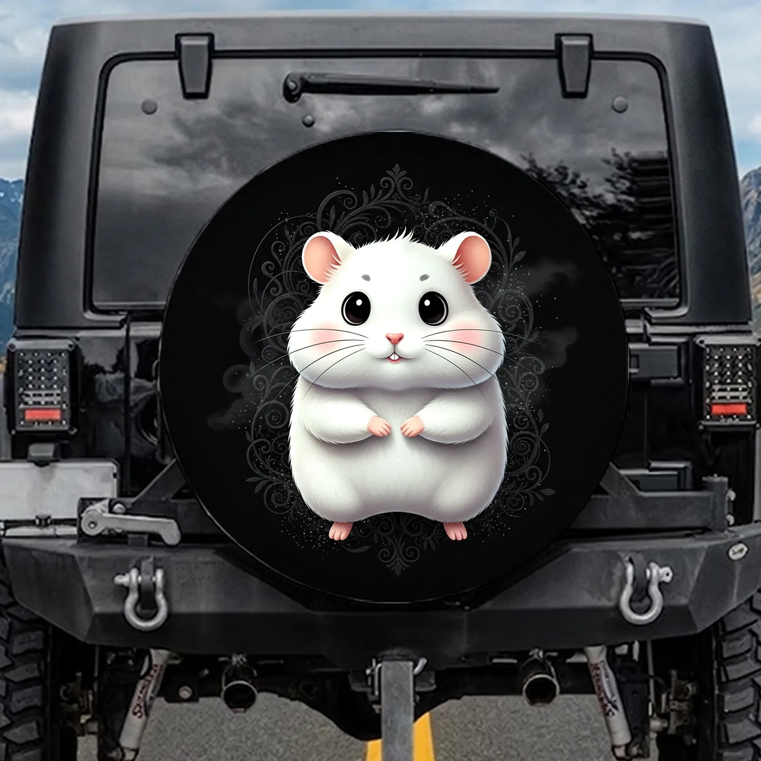 Plump White Cartoon Hamster with Pink Blush and Black Whiskers - Pet Lover Vehicle Decor Spare Tire Cover - 1