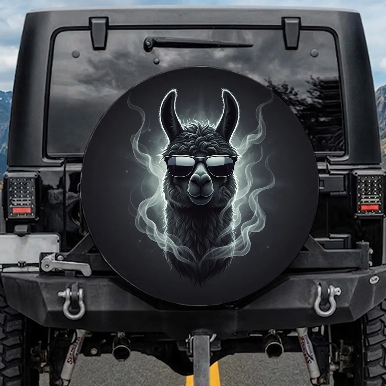 Black Llama Head Shaggy Fur Reflective Sunglasses Deep Charcoal Background - Wildlife Lover Gift Spare Tire Cover - 1