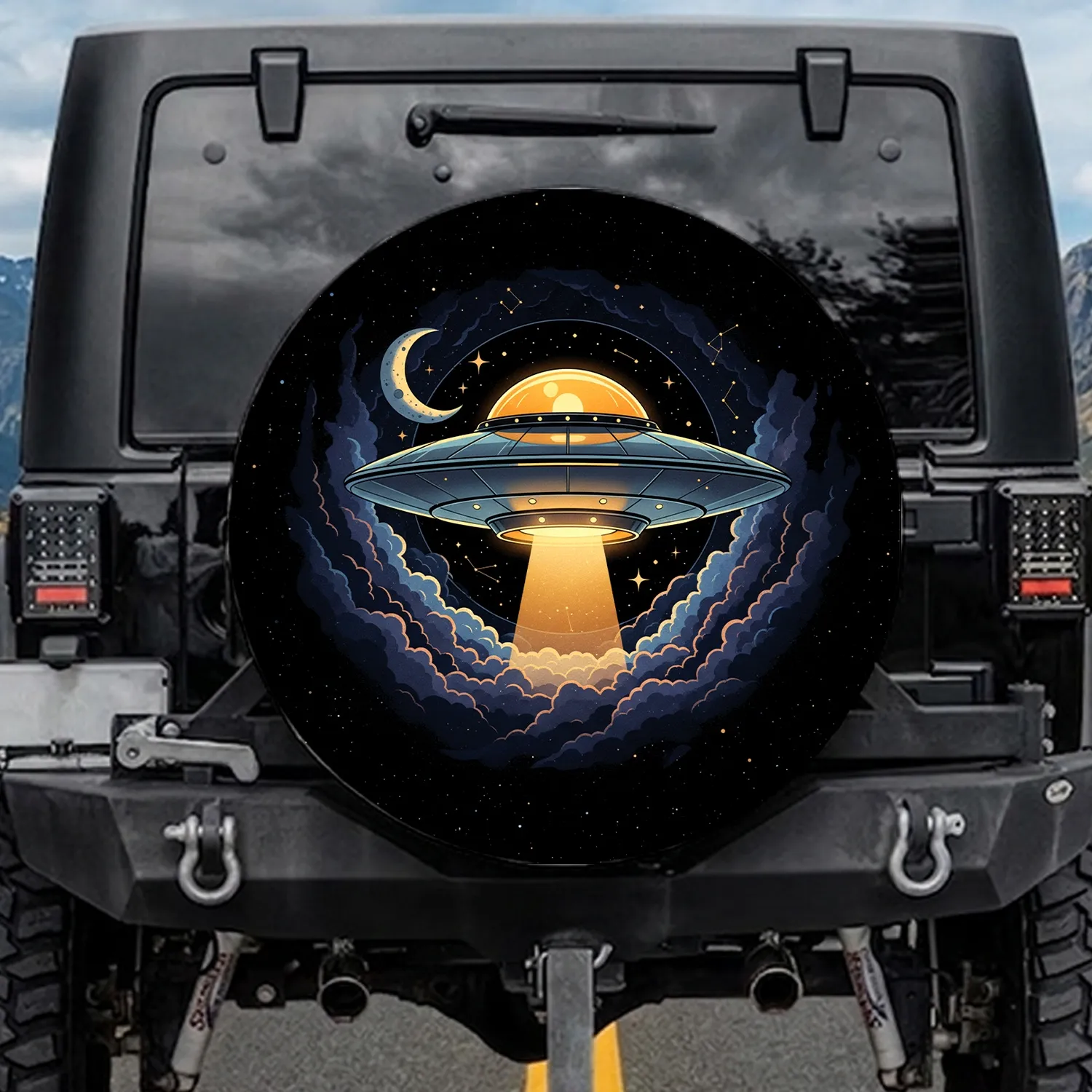 Retro Futuristic UFO Flying Saucer Golden Beam Cosmic Nebula Stars - Space Lover Gift Spare Tire Cover - 1