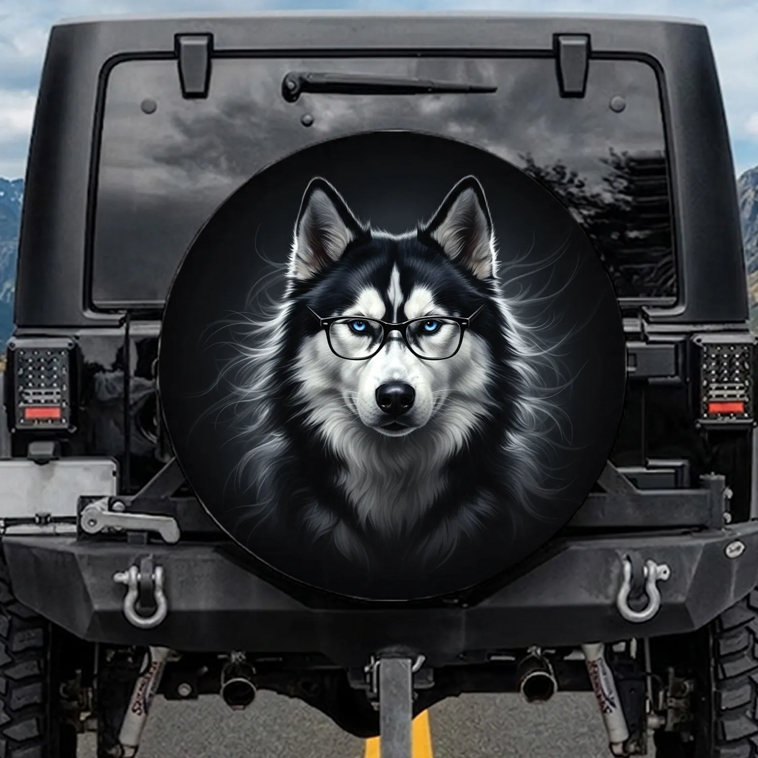 Siberian Husky Black White Fur Black Rim Glasses Blue Eyes - Dog Lover Gift Spare Tire Cover - 1