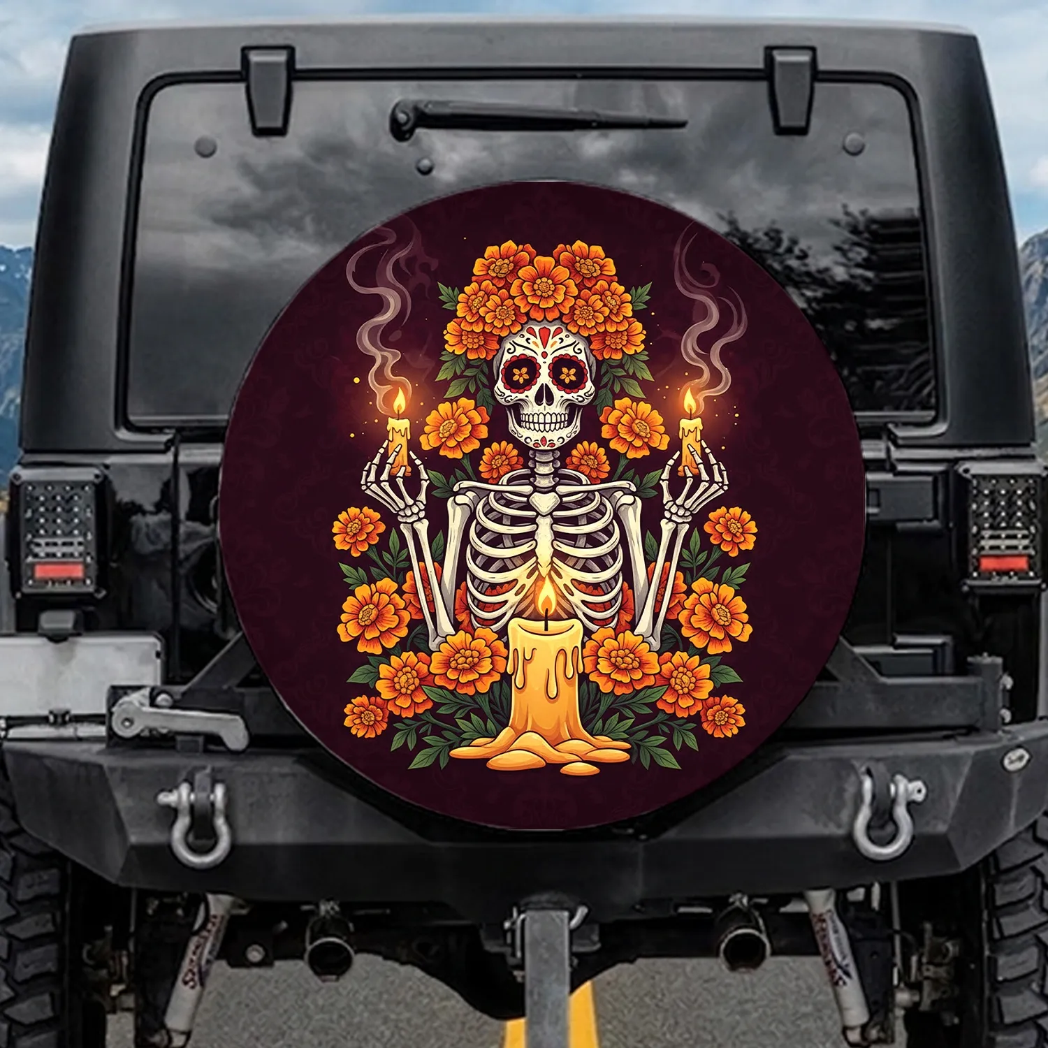 Day of the Dead Skeleton Sugar Skull Marigold Crown Lit Candles - Dia de los Muertos Celebration Spare Tire Cover - 1