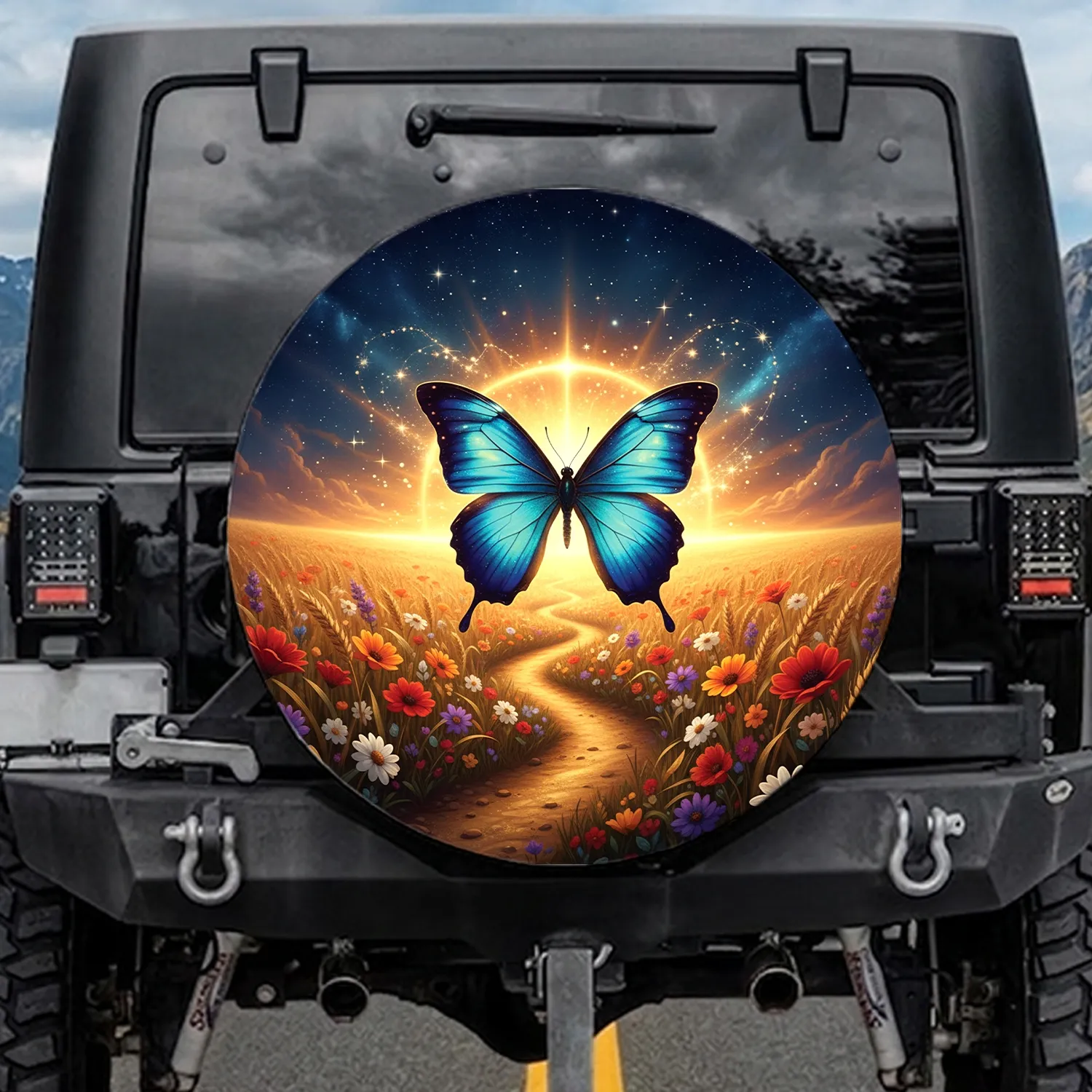 Blue Morpho Butterfly Golden Path Wheat Starry Night - Nature Lover Gift Spare Tire Cover - 1